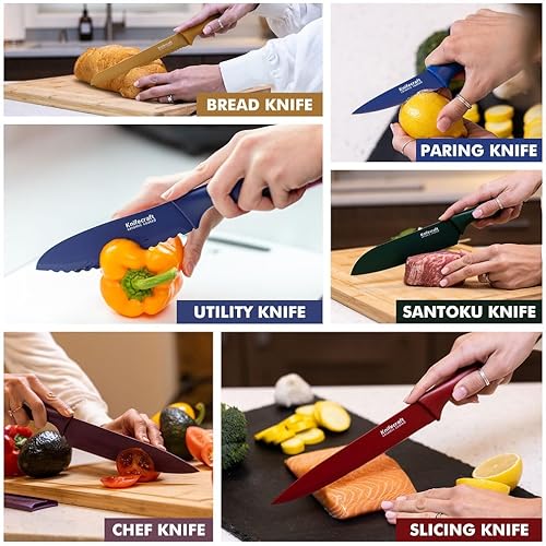 Miniatura 6 de Knifecraft Cuchillos de cocina multicolor de 12 piezas, revestimiento de cerámica antiadherente con protectores de cuchillas