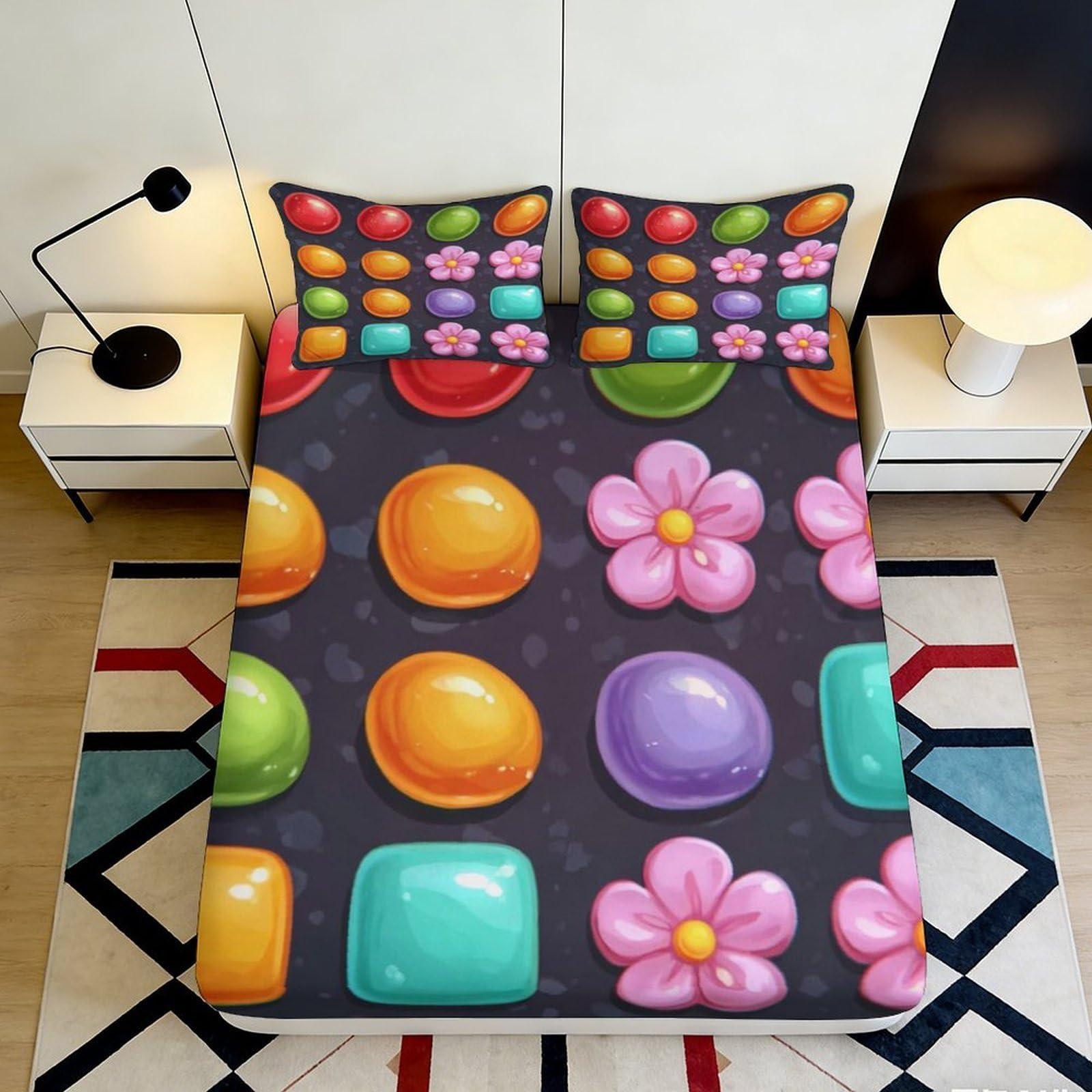 3D Printed Candy Floral Fitted Sheet Microfiber Deep Pocket Bedroom Bedding Candy Floral Mattress Fitted Cover Non-Slip Washable 200x200x25cm 90x200x25cm