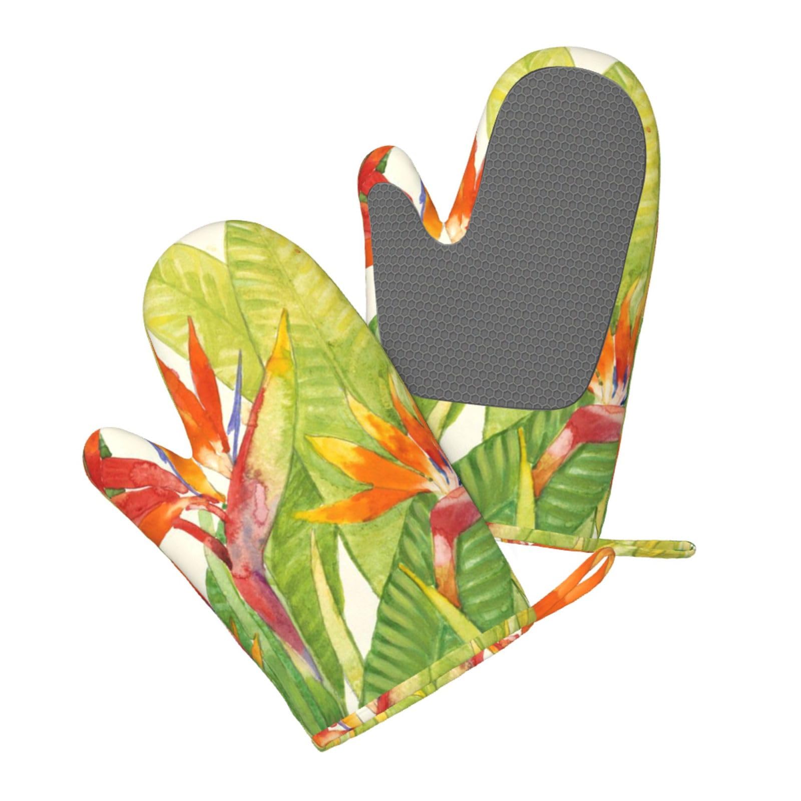 Silicone Oven Mitts Set 2PCS, Tropical Bird Printed Heat Resistant Non-Slip Silicone Oven Gloves for Kitchen Cooking Baking Microwave