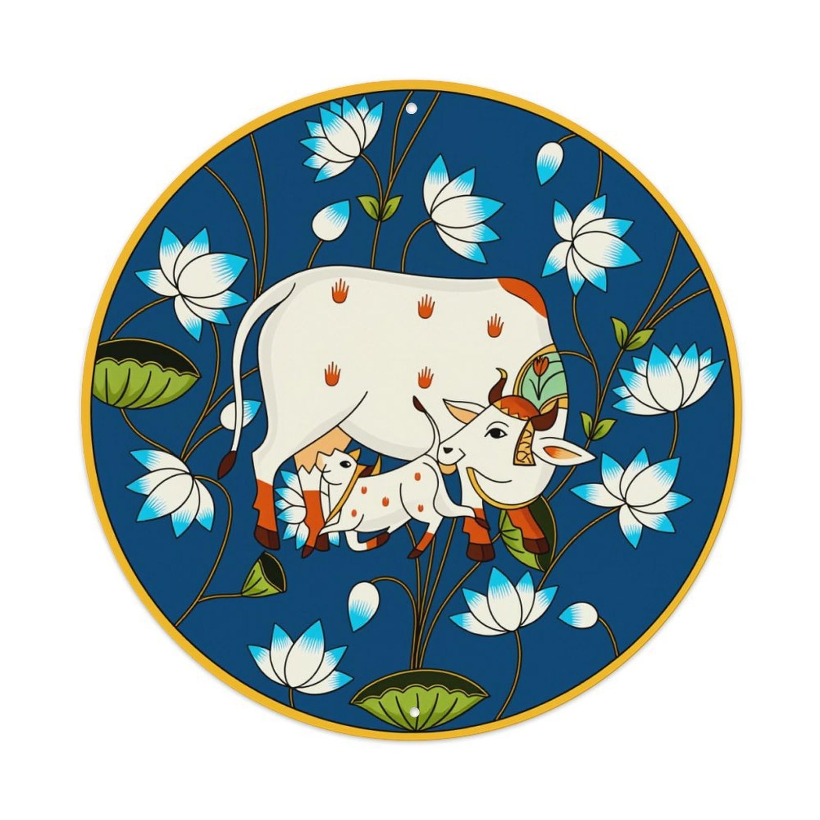 Cow And Calf With Flowers Round Tin Sign Vintage Style Metal Sign Home Bar Garden Wall Plaque Decor Metal Poster 8x8 Inch