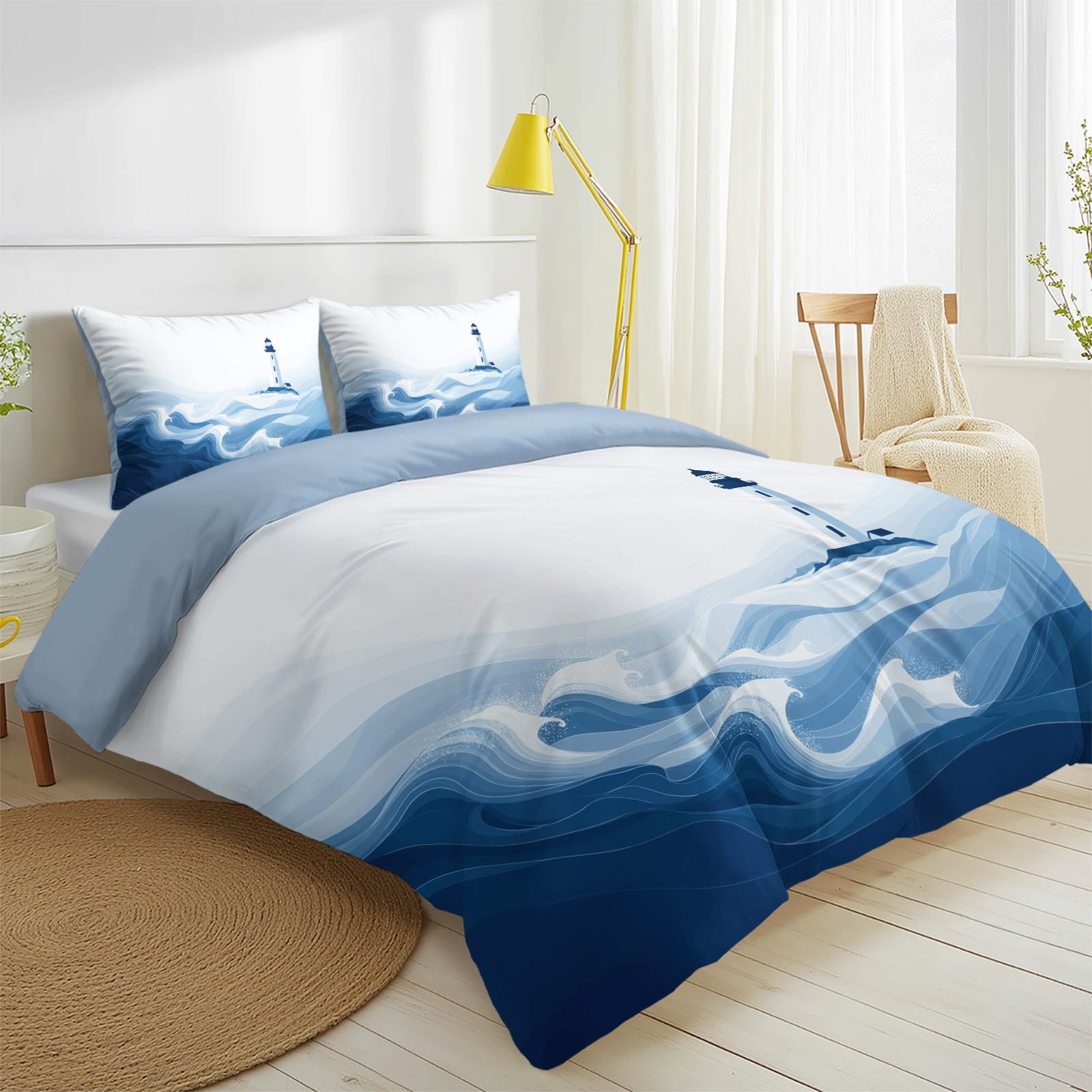Générique Poszwa na kołdrę 240 x 220 cm elegancka żeglarska z 2 poszewkami na poduszki - burzliwy zestaw pościeli z mikrofibry - z zamkiem błyskawicznym, granatowa