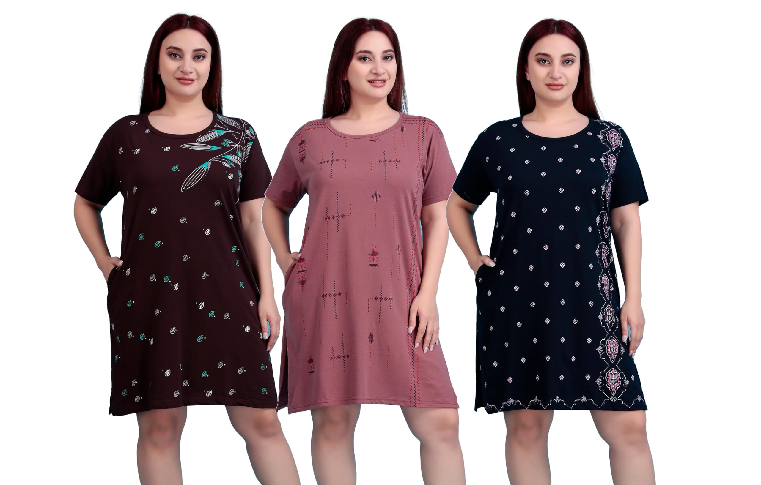 d-line collection Women's Cotton Plus Size Printed Long Tshirt with Pockets and Side Slits Multicolor (Pack of 3,155)-picture-46