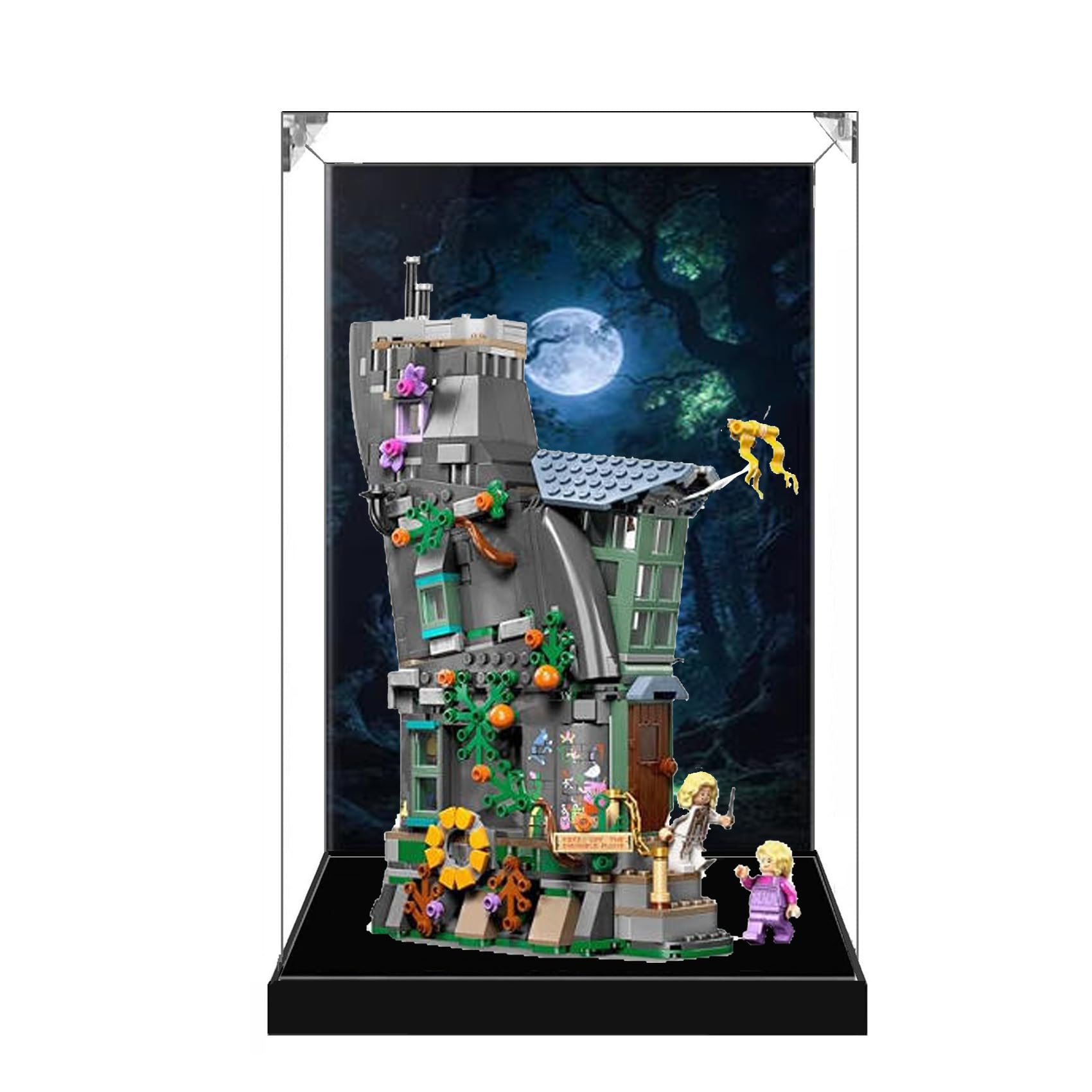 Transparente Acryl-Vitrine für Lego 76467 Luna Lovegoods Hausmodell, transparente Box, Aufbewahrungsbox, staubdichte Box (Modell nicht im Lieferumfang enthalten) (Hintergrund + schwarzer Sockel)