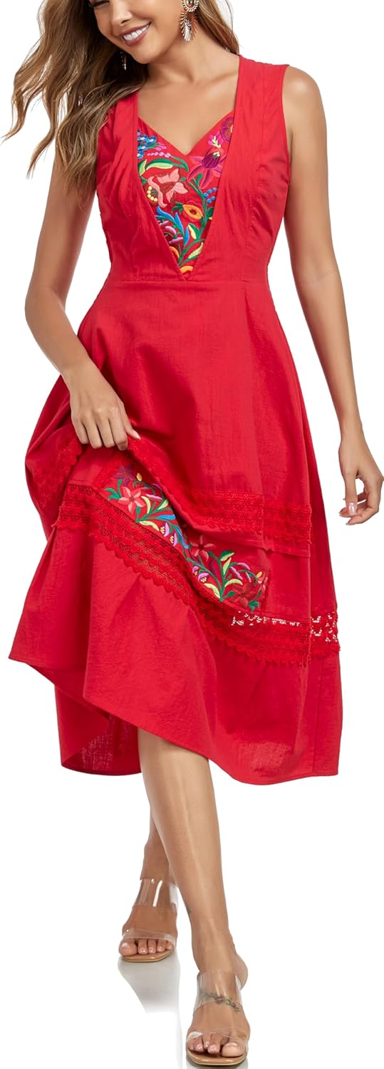 YZXDORWJ Women's Mexican Dress Floral Embroidered Casual Lace Ruffle Maxi Dress