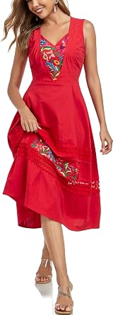 YZXDORWJ Womens Mexican Dress Floral Embroidered Casual Lace Ruffle Maxi Dress