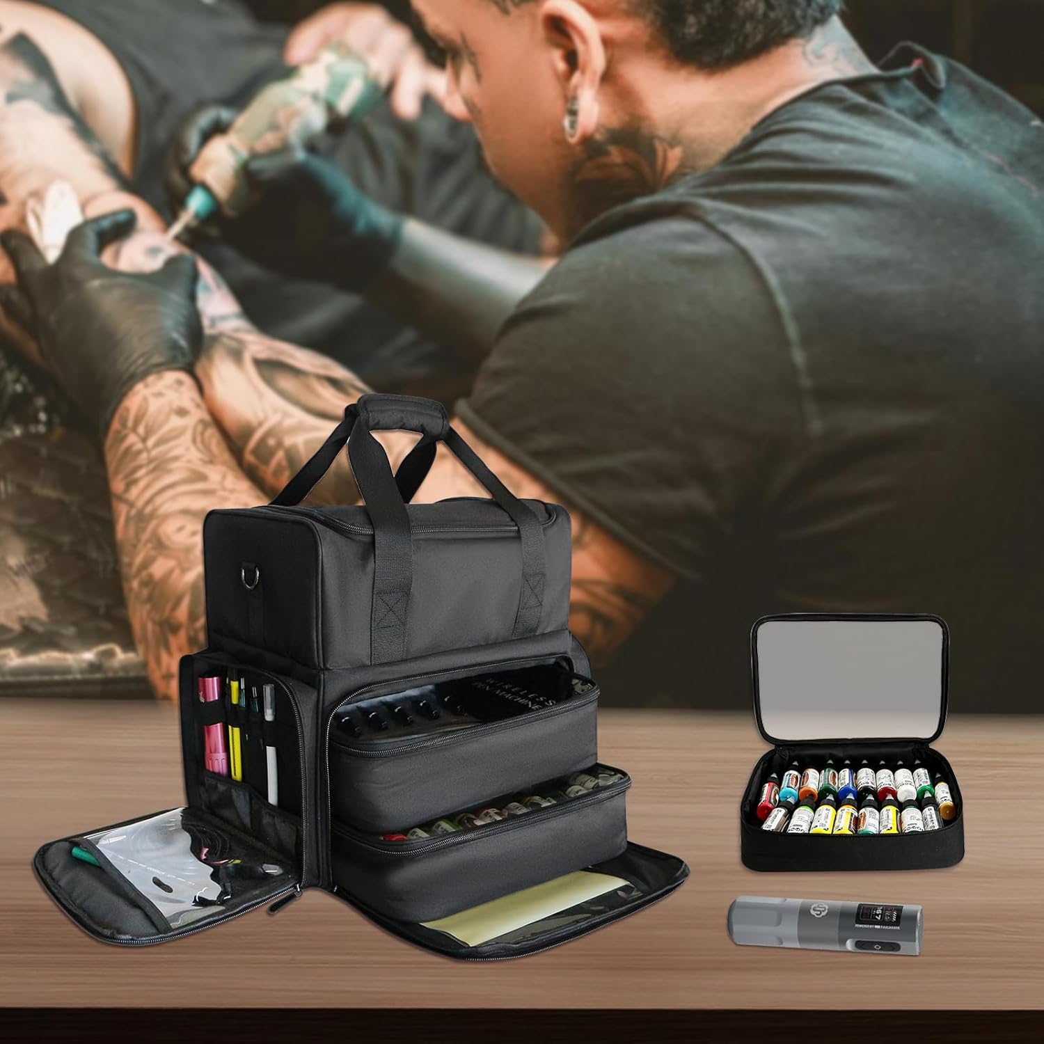 Tattoo Travel Case-2 Inner Pouches Large Tattoo Bag With Adjustable Compartments, Hair Bag Cosmetic Bag,Tattoo Supply And Equipment Fits Ipad, Needles, Inks &Tattoo Stencil Printer-Purple