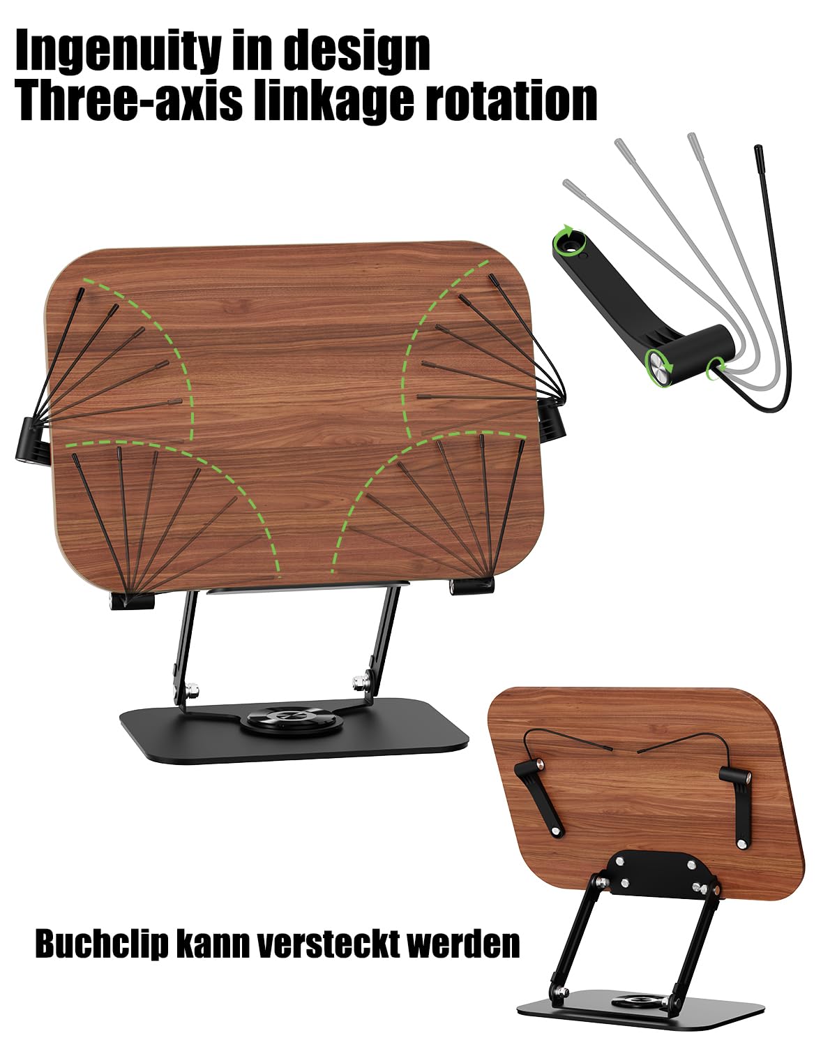 Soporte de lectura para libros, soporte de madera para leer, soporte giratorio de 360° con abrazaderas laterales para cocina, escuela, oficina, partituras musicales, Kindle, tableta, Biblia