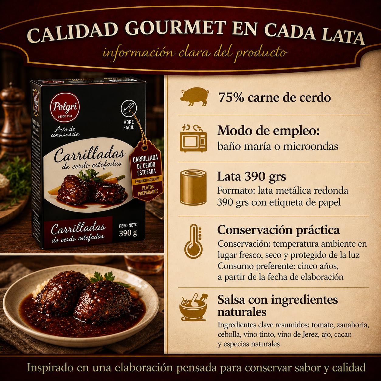 POLGRI Carrilladas de Cerdo Estofadas Conserva Gourmet Lata 390 g x 3 Carne Melosa Lista para Calentar