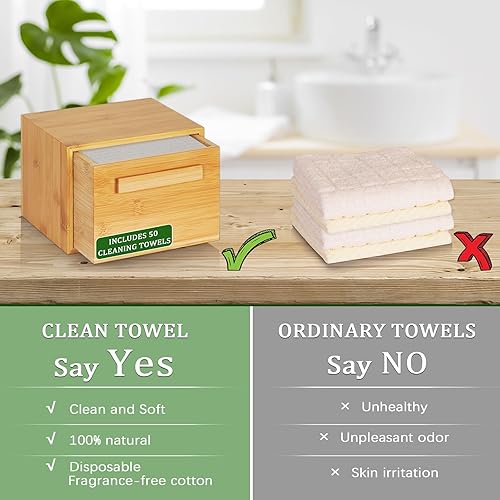 Miniatura 6 de Caja de bambú con 50 toallas faciales desechables de bambú, contenedores de almacenamiento desechables para pañuelos faciales, cajas de cubo de