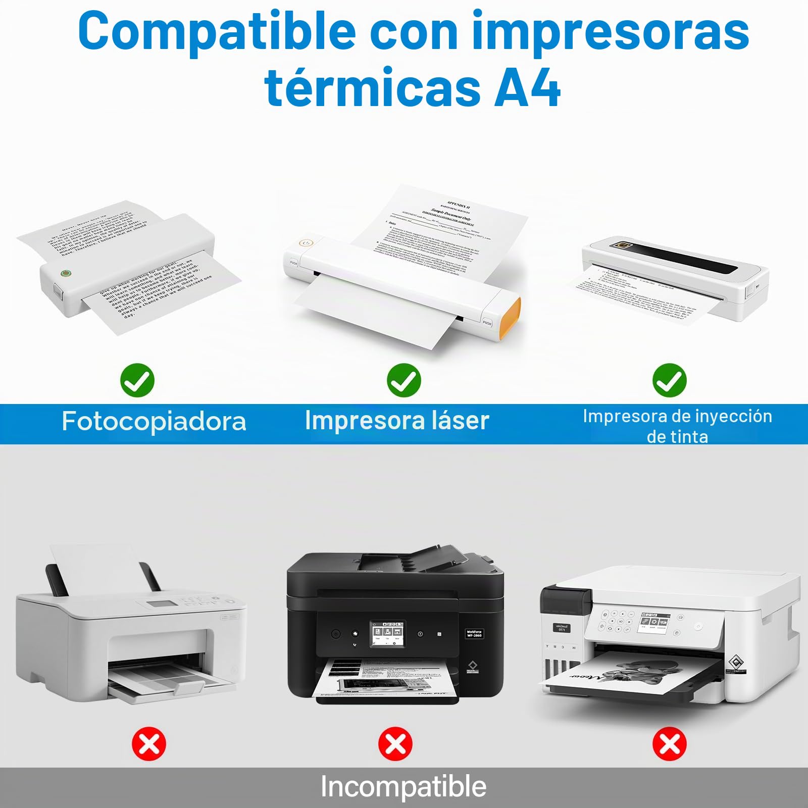100 hojas de papel térmico A4 para impresora portátil, papel A4 impresora, hojas térmicas, secado rápido, diseño sin atascos, para fotos, recibos, memo file, 210 x 297 mm
