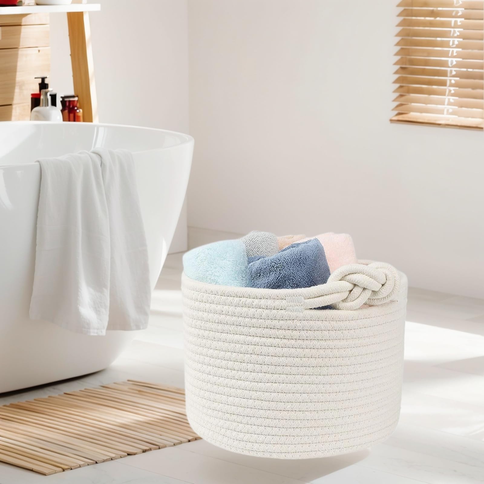 Panier à Linge En Coton Tissé Gris & Blanc - Panier En Corde De Coton Avec Poignées, Rangement Empilable Pour Vêtements, Jouets Et Linge - 21×21cm