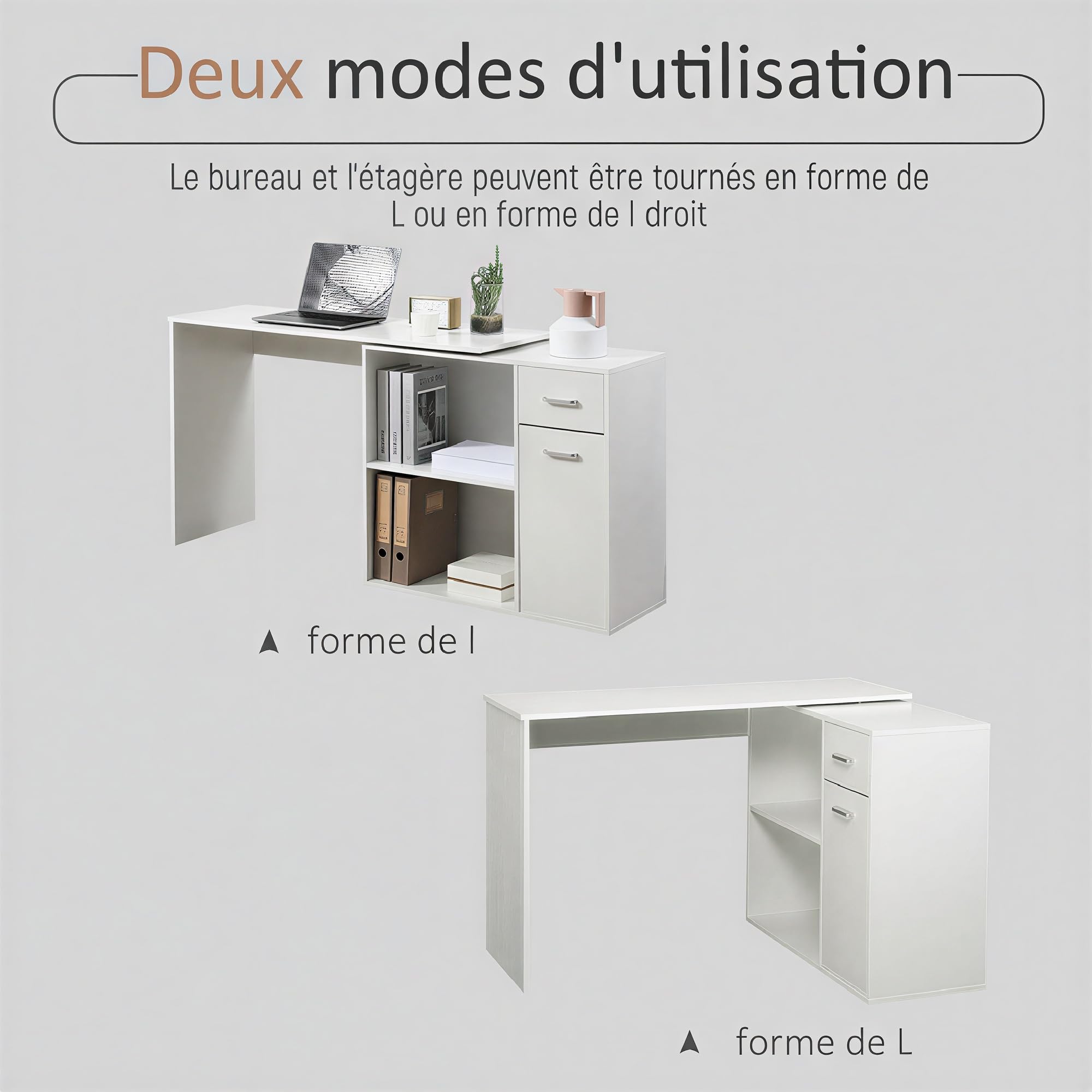 HOMCOM Bureau d'angle Rotatif 180° 117x82x74 cm Blanc | Bibliothèque, Bureau d'Ordinateur, Tiroir, Placard à Porte, Poste de Travail, pour Maison, Chambre