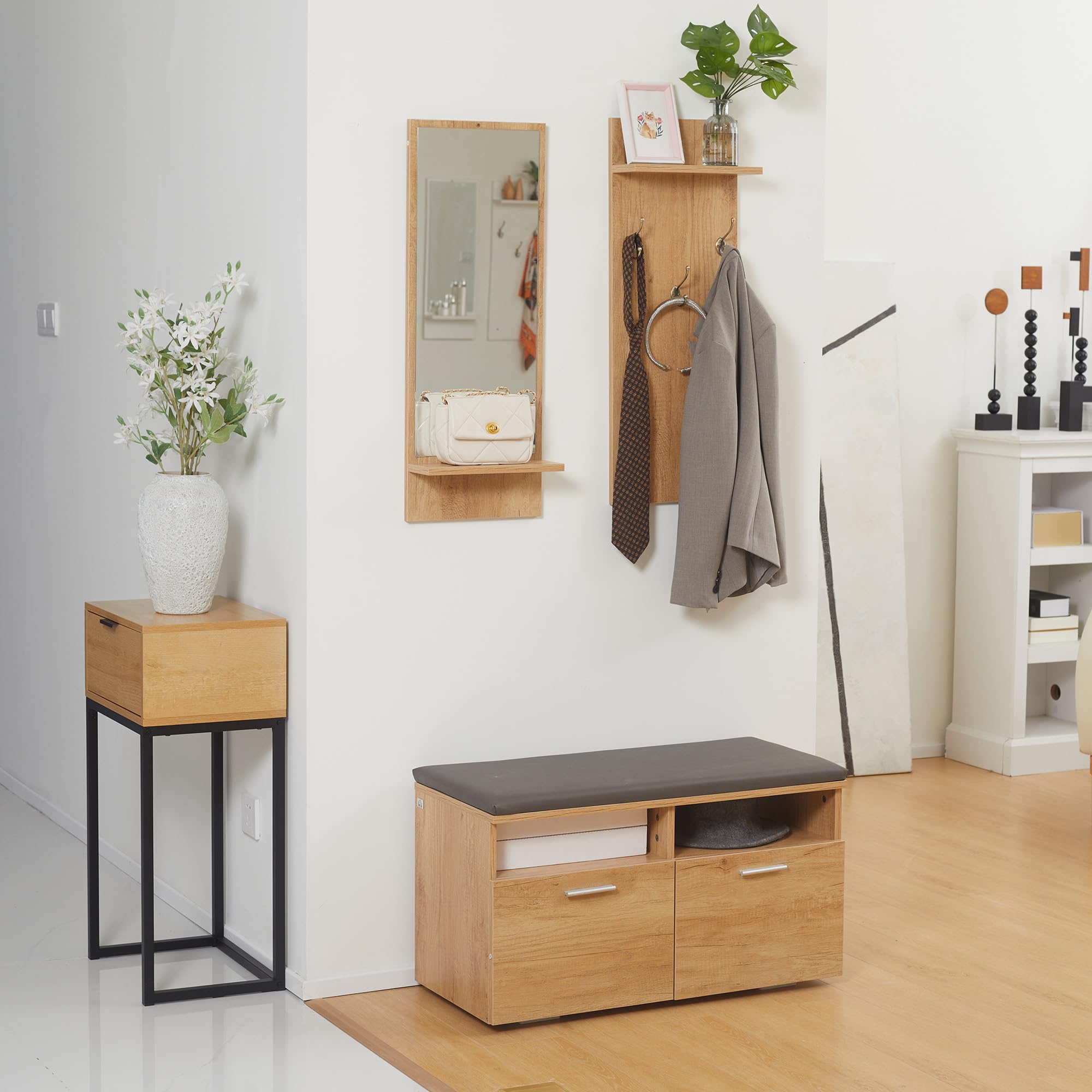 HOMCOM Ensemble de Meuble d'entrée vestiaire d'entrée 3 en 1 | 1 Porte-Manteau avec Étagère, 1 Miroir avec Étagère, 1 Banc à Chaussures avec Coussin en Polyuréthane