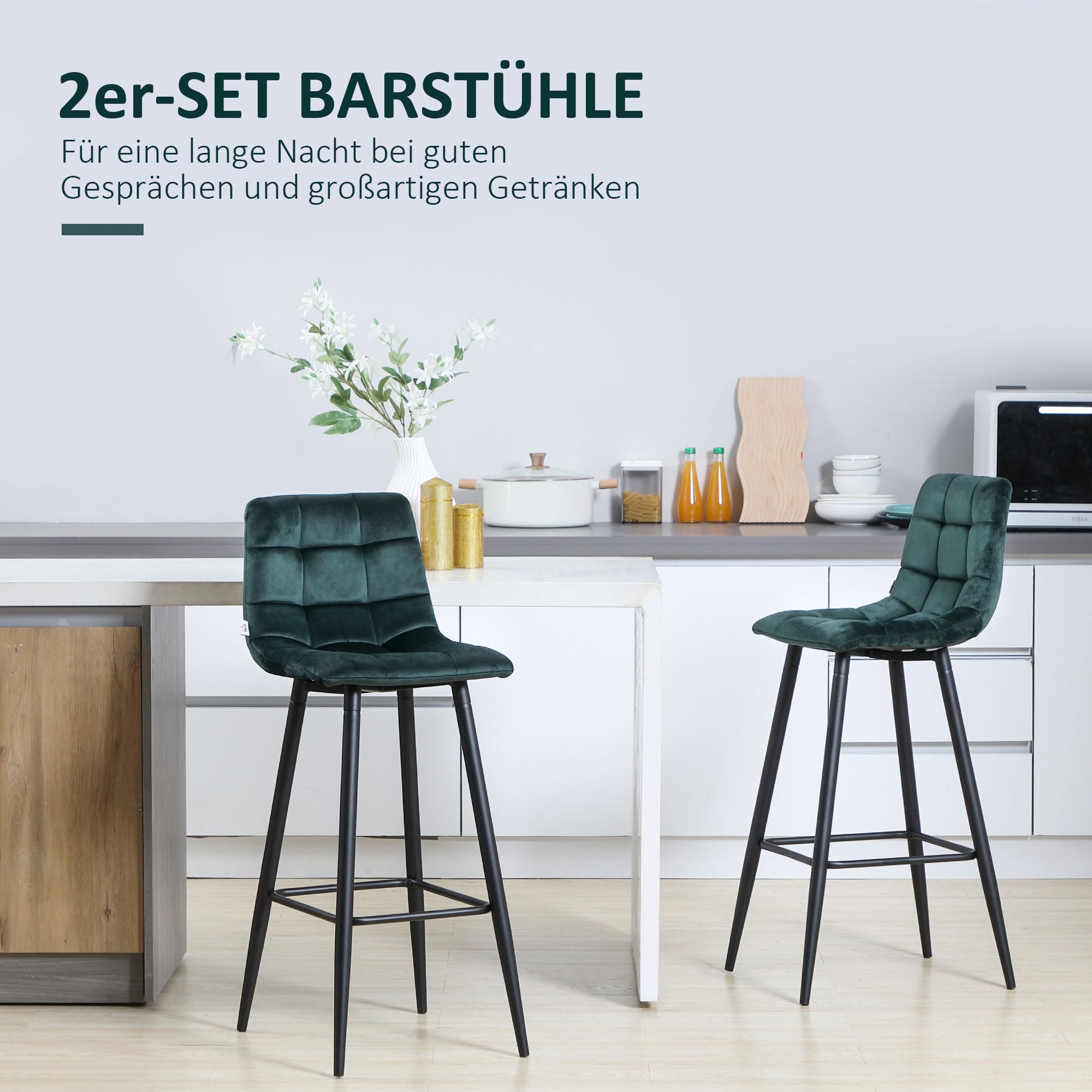 HOMCOM Barhocker 2er Set, Gepolstert Barstuhl mit Stahlgestell, Lehne, Samtoptik, Küchenstühle mit Fußstütze Tresenhocker für Küche, Wohnzimmer, Esszimmer Grün