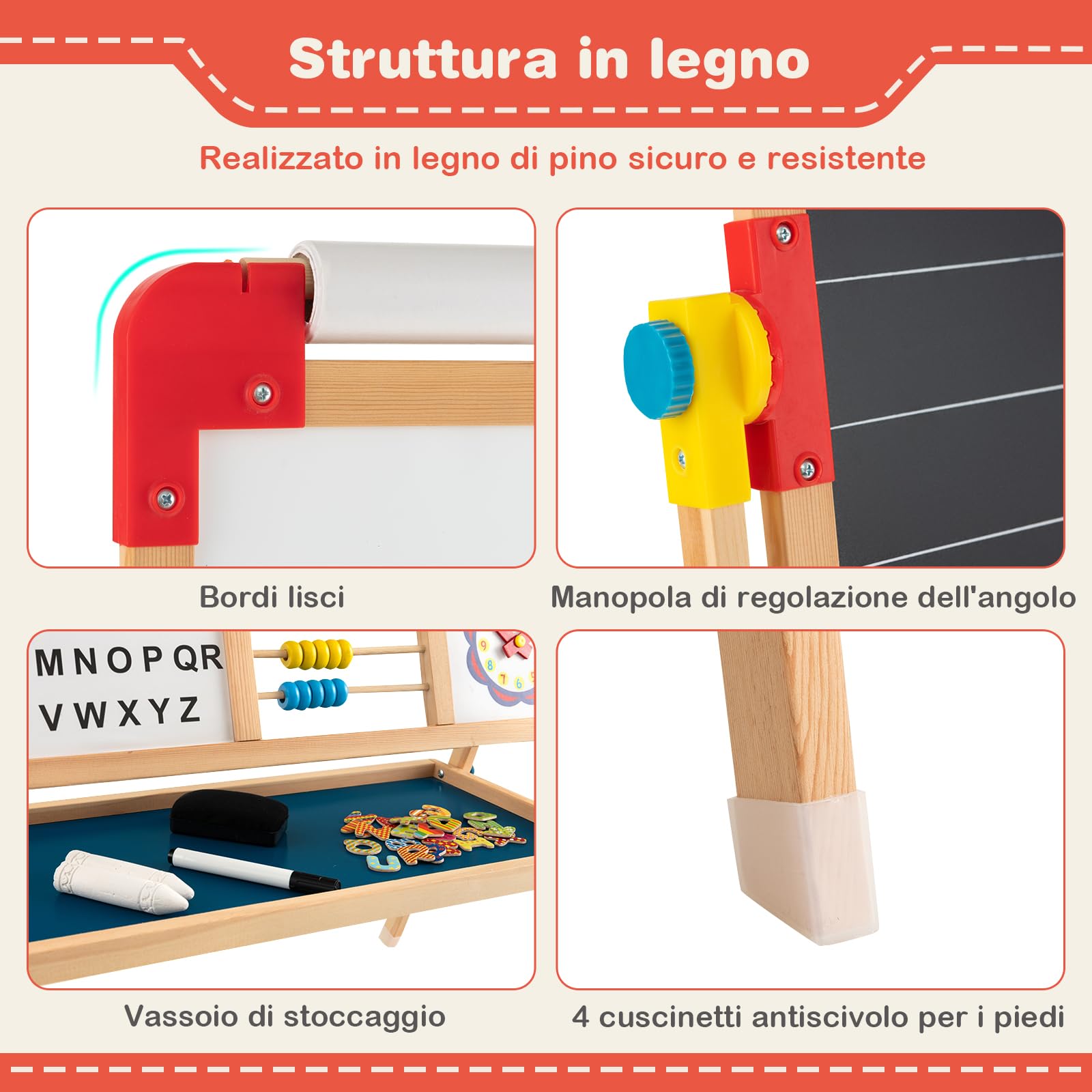 RELAX4LIFE Cavalletto d’Arte per Bambini, Cavalletto in Legno Bifacciale Regolabile con Lavagna Magnetica e Classica, Lettere Magnetiche, Lavagna da Disegno in Piedi per Bambini e Bambine