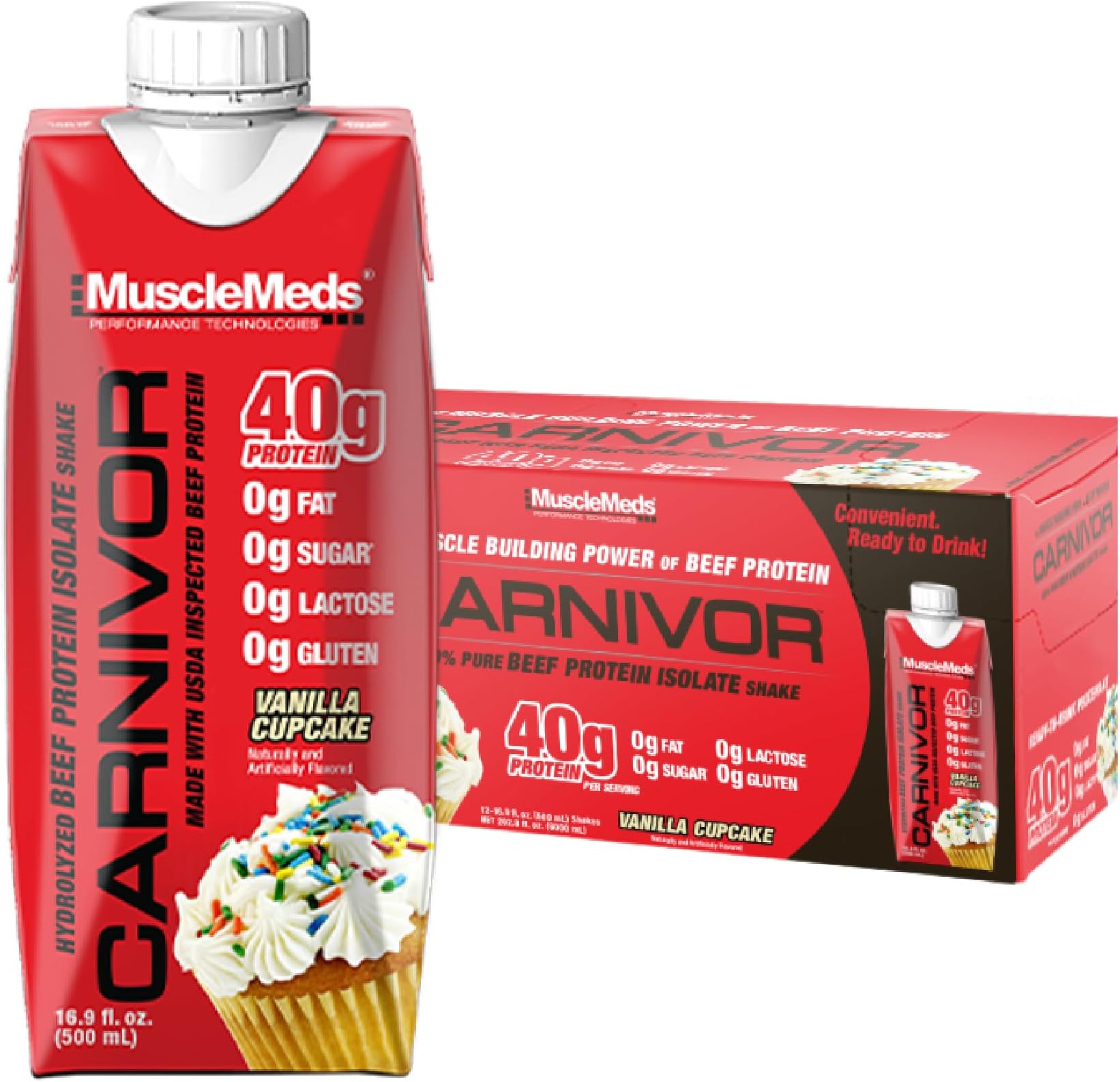MuscleMeds Carnivor RTD, Ready to Drink Protein, Lactose Free, Sugar Free, 40g Isolate Protein, Muscle Building, Recovery, 500 ml (Pack of 12) (Vanilla Cupcake) HALAL