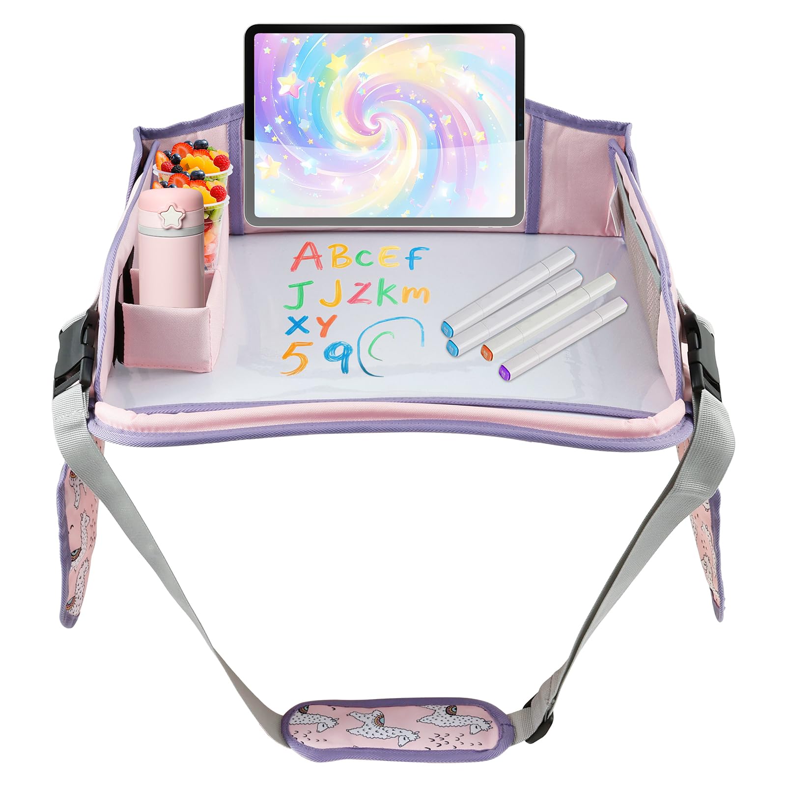 JEJUWE Carseat Table Tray for Kids Polyester Made Portable Drawing Board with Padded Shoulder Strap for Road Trip Activities Home(Pink)