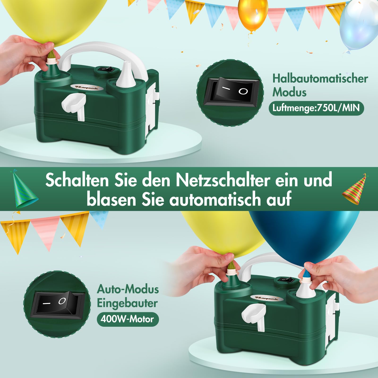 FLSEPAMB Gonfia Palloncini Elettrico,220V Intelligente a 2 Modalità Pompa per Palloncini Elettrica Portatile Con Annodatore, Festa,Matrimoni, Natale