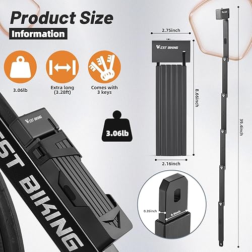 Miniatura 3 de ICOCOPRO Candado plegable para bicicleta con 3 llaves, cerradura de bicicleta de 2.8 pies, cerraduras compactas para bicicleta, antirrobo,