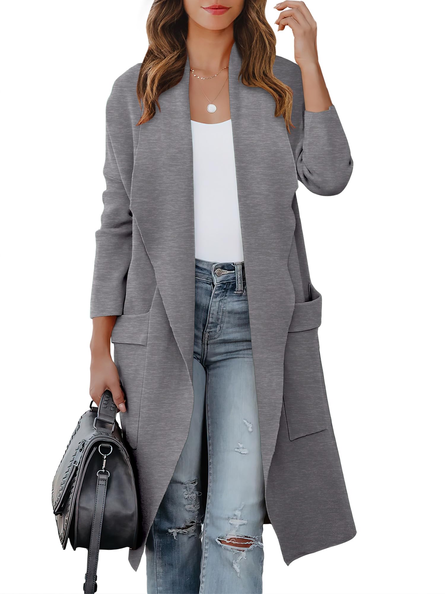 Women's Long Cardigan Sweater 2025 Fall Fashion Casual Oversized Knit Open Front Coatigan Jacket Coat Outfits, Gray, Small-image-46