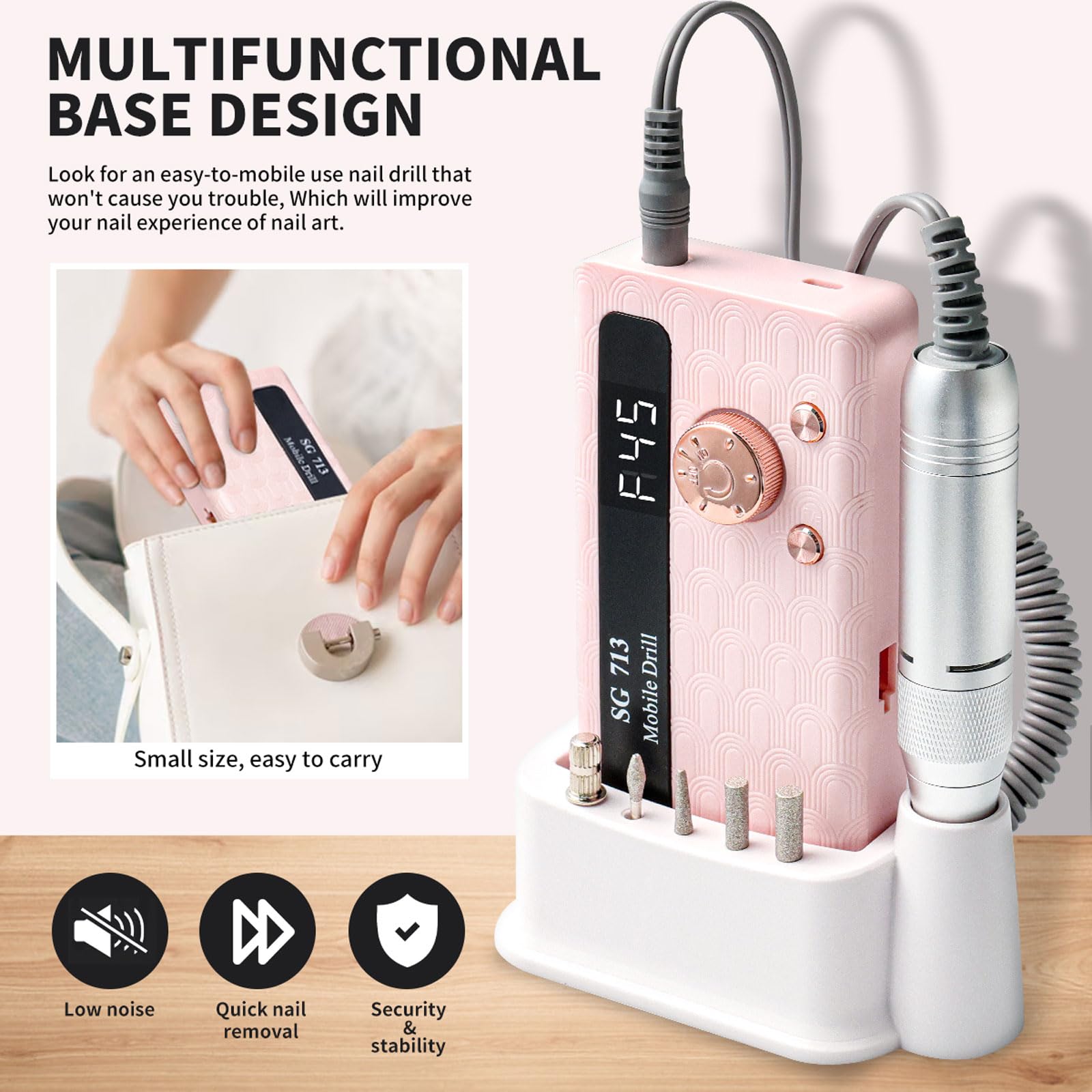 Fresa per Unghie Professionale, 45000 RPM, Lima Elettrica Portatile con 13 Punte e 56 Fasce Abrasive, Schermo LED, Ultra Silenziosa, Ricaricabile, per Unghie Acriliche, Lucidatura Gel (Rosa)