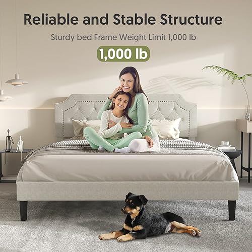 Miniatura 7 de Bonsoir Marco de cama tapizado de perfil bajo con cabecera capitoné y clavo no necesita somier no necesita falda de cama tapicería de tela de lino