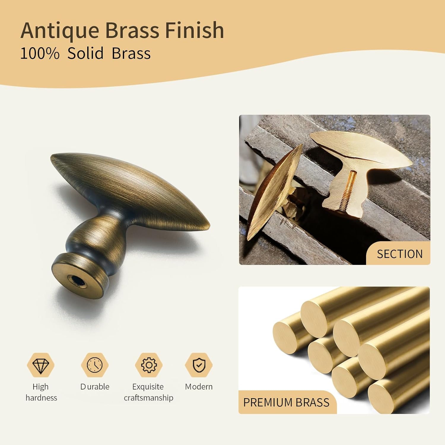 2 Pack Antique Brass Drawer Knobs, Solid Brass Olive Design Handles for Dresser Cabinet Kitchen Bathroom Hardware (2, Antique Brass)