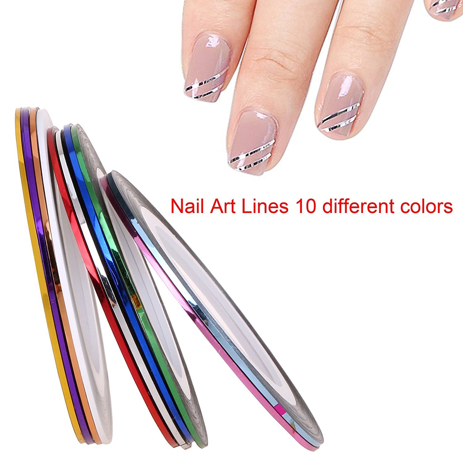 Gugzy® 5pc 2 Way Marbleizing Dotting Pen Set for Nail Art Manicure Pedicure+10 Color Rolls Nail Art Decoration Striping Tape 1