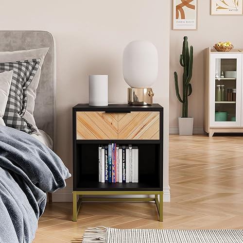Miniatura 3 de Mesita de noche negra de 24 pulgadas de alto con 1 cajón, mesita de noche de madera para dormitorio, mesita de noche con estante abierto, mesa