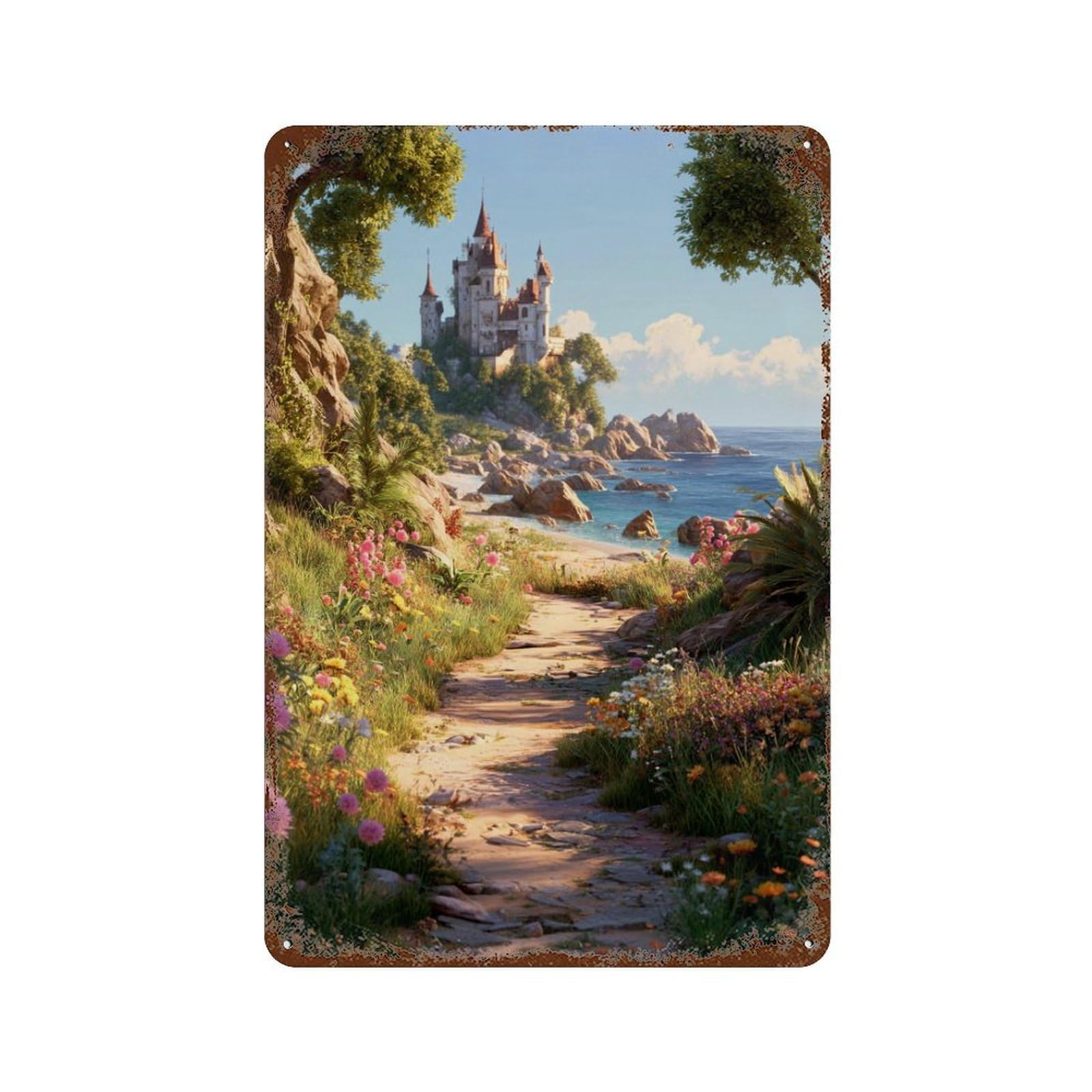 Fantasy Castle by The Sea Rust Effect Tin Sign 11.8"x7.9", Rustic Home Decor for Cafe, Home Bar And Lounge Decor