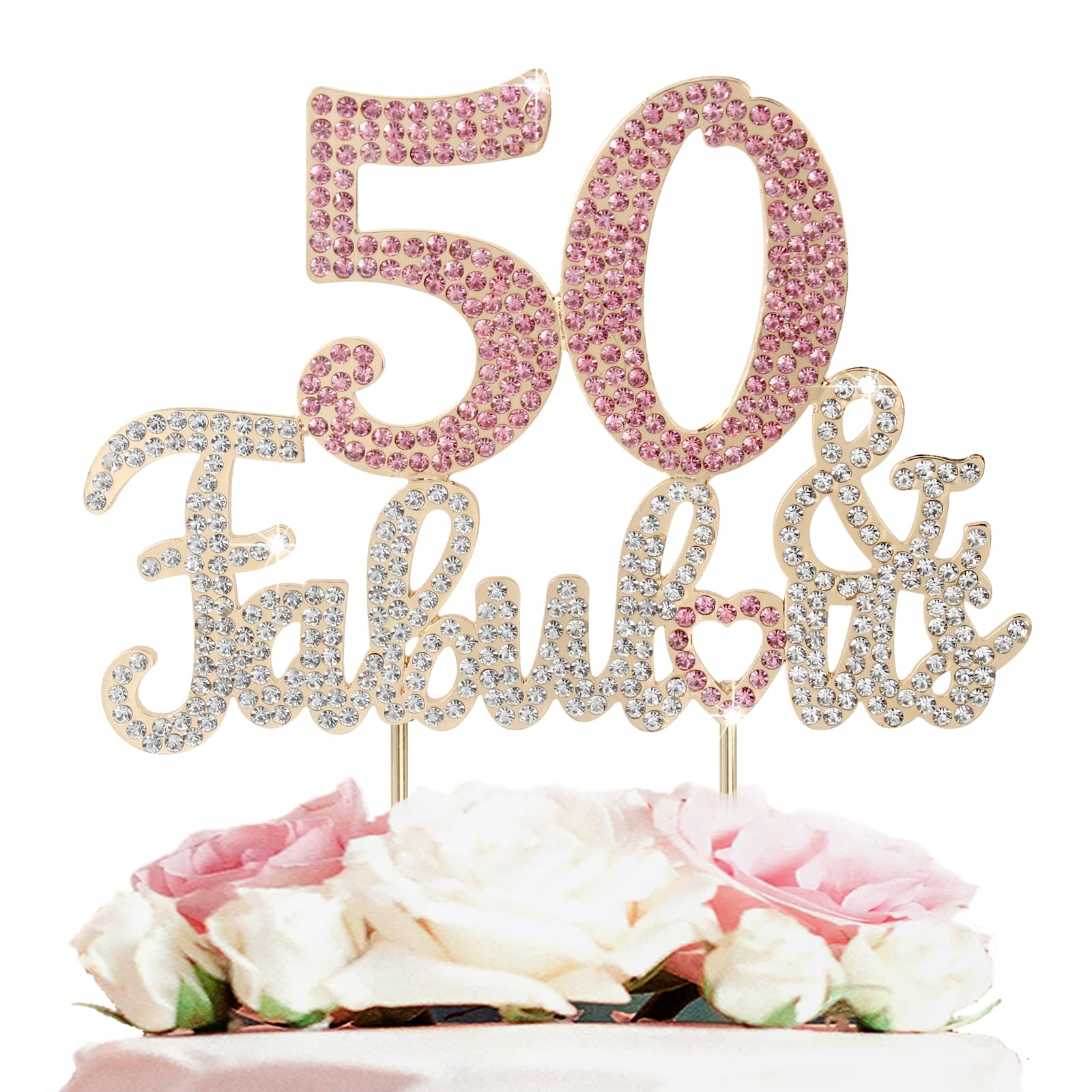 LASKYER 50 & Fabulous Gold & Pink Rhinestone Cake Topper - Happy 50th Birthday Cheers to Fifty Years Old Bday Party Metal Sparkly Food Centerpieces