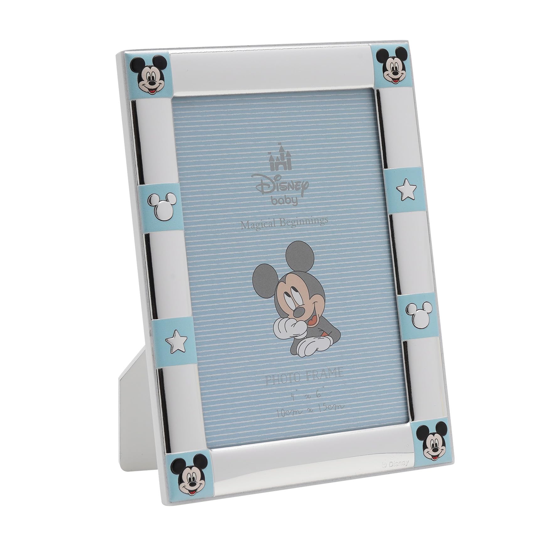 Disney – Mickey Mouse – Real Silver-Plated 4 x 6″ Border Single Aperture Photo Frame – Made in Italy – Licensed Disney Merchandise – Self-Standing Wood Back - Early Years, New Baby Nursery, Kids.