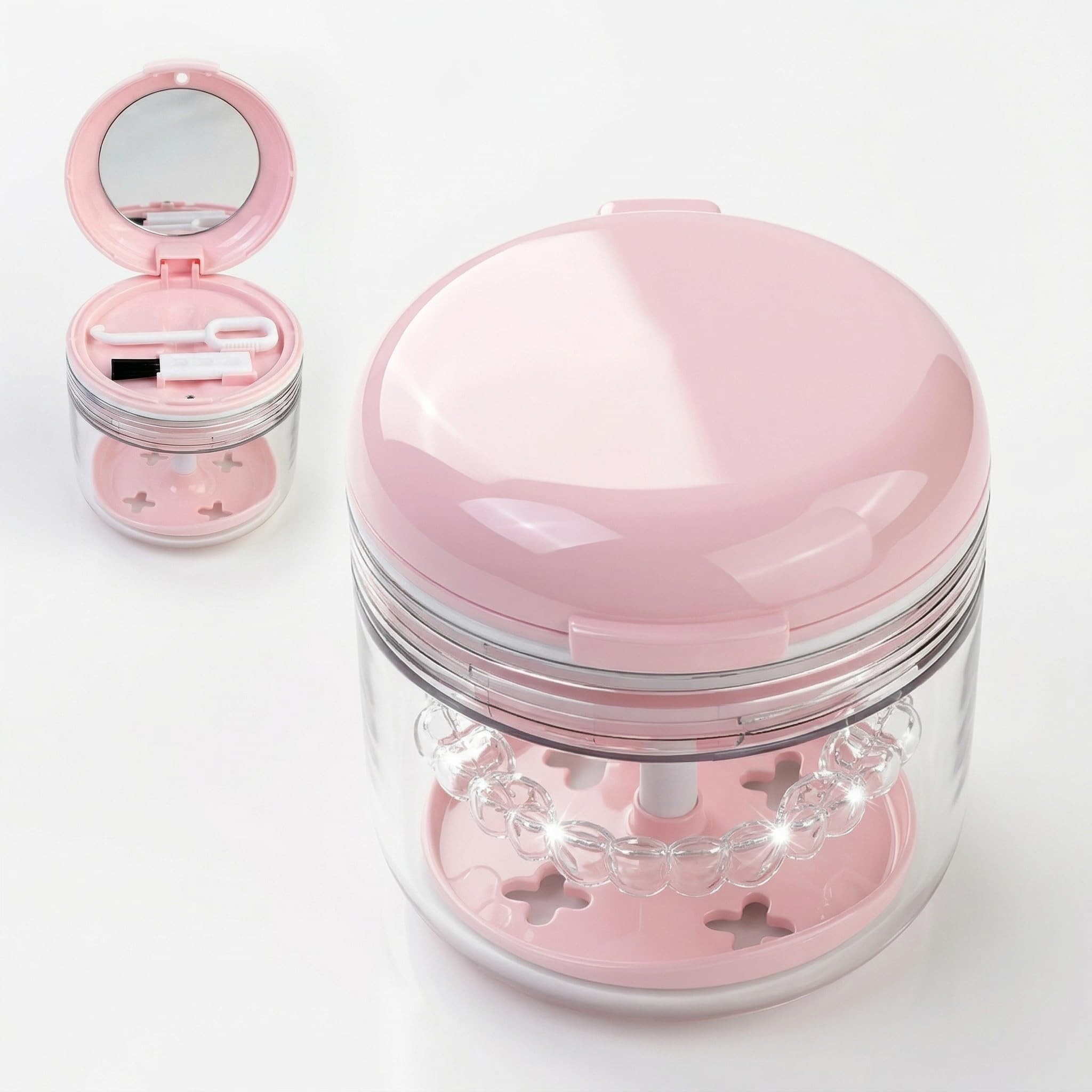 Retainer Case with Strainer Basket, Leak Proof Denture Bath Box for Travel, False Teeth Container Soaking Cup, Orthodontic Aligner & Mouth Guard Holder, Cute Dental Cleaning Kit Accessories