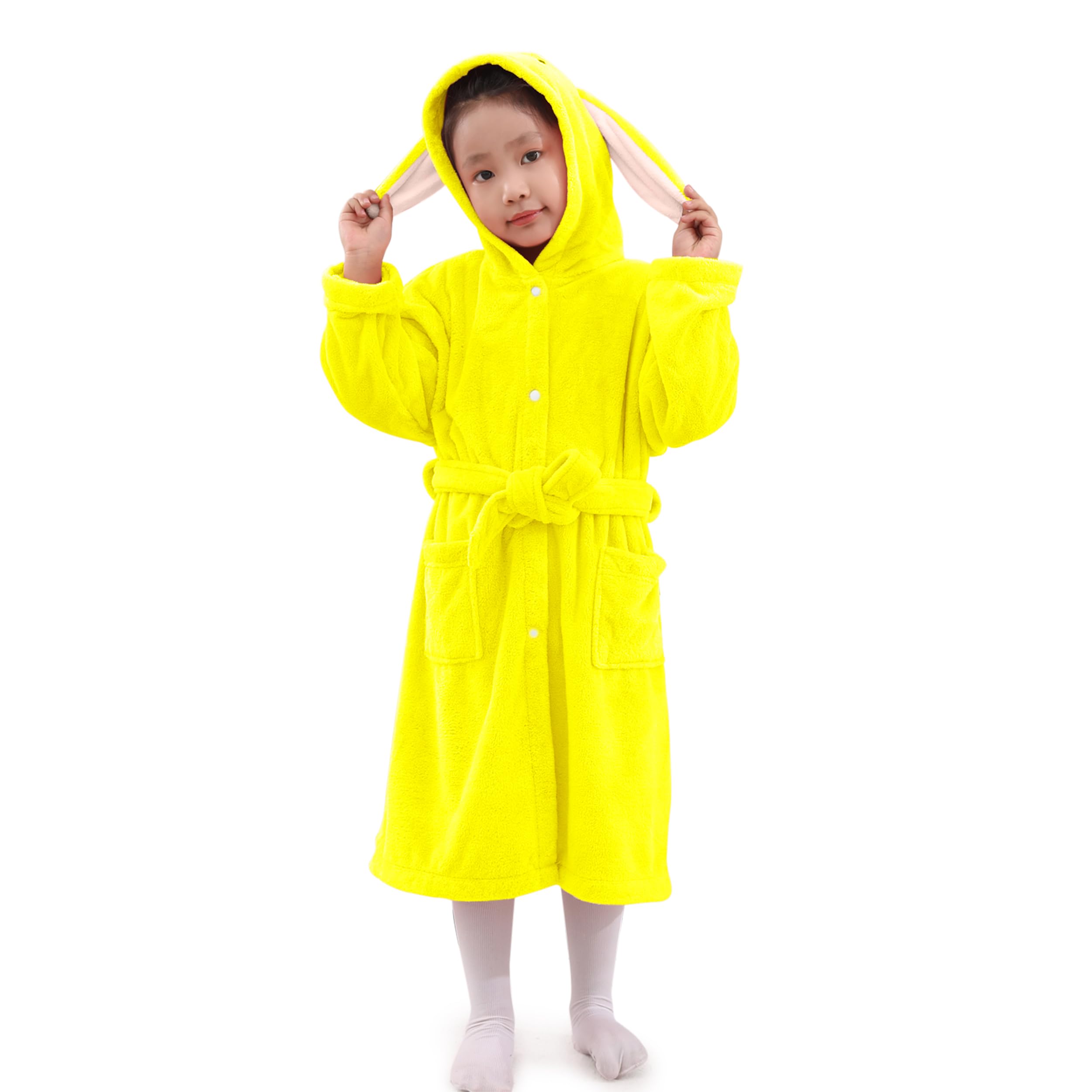 HOUSSE Bunny Kids Unisex Coral Fleece Hooded Bathrobe| 360 GSM Soft, Thick with Hoodie And Belt & Cute Ears | Highly Absorbent, Lightweight & Warm | 75 cm | 7-10 Years