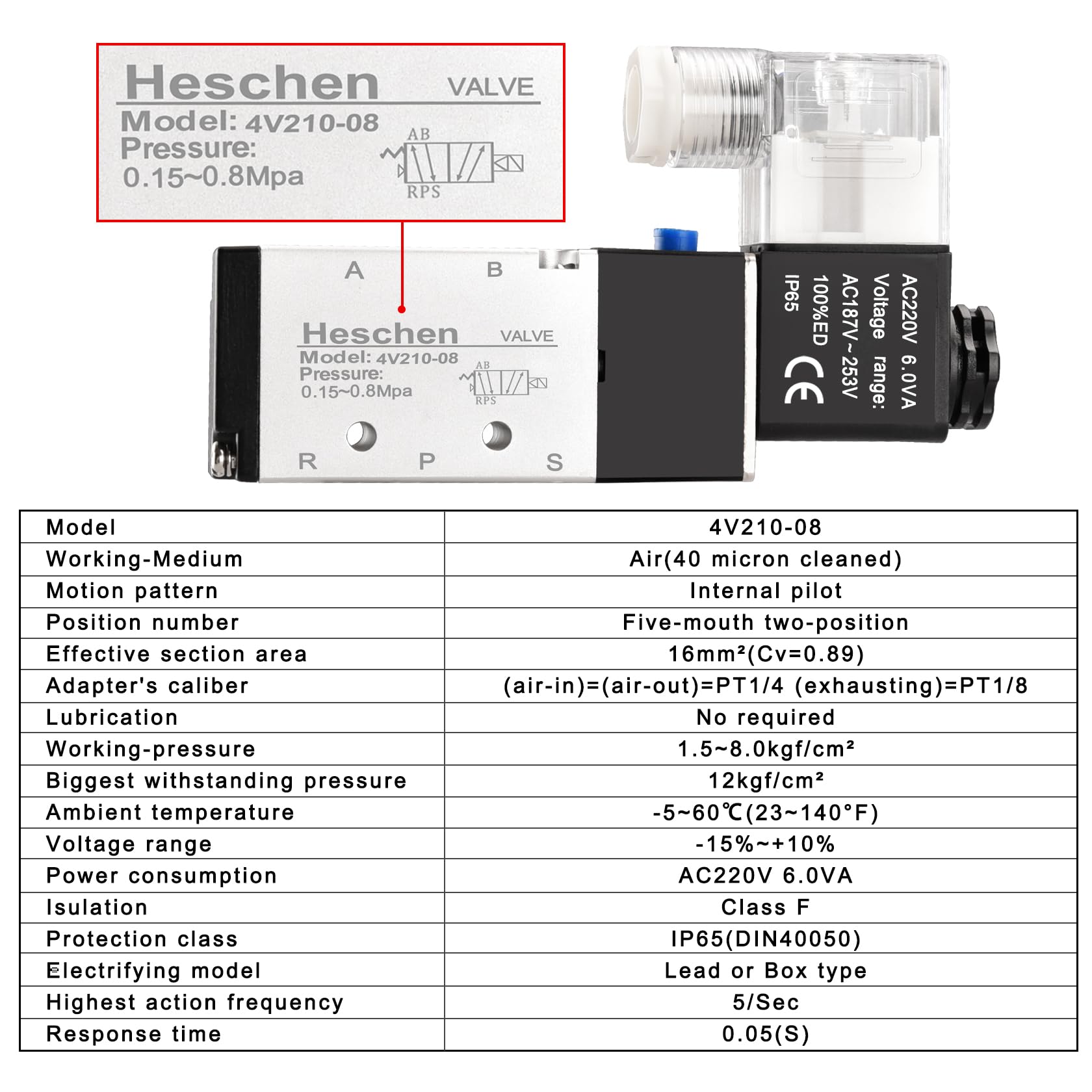 Heschen Válvula solenoide neumática eléctrica 5, 4V210-08, AC220V, PT1/4'', posición 5 vías 2, conjunto de accesorios rápidos del silenciador base del colector