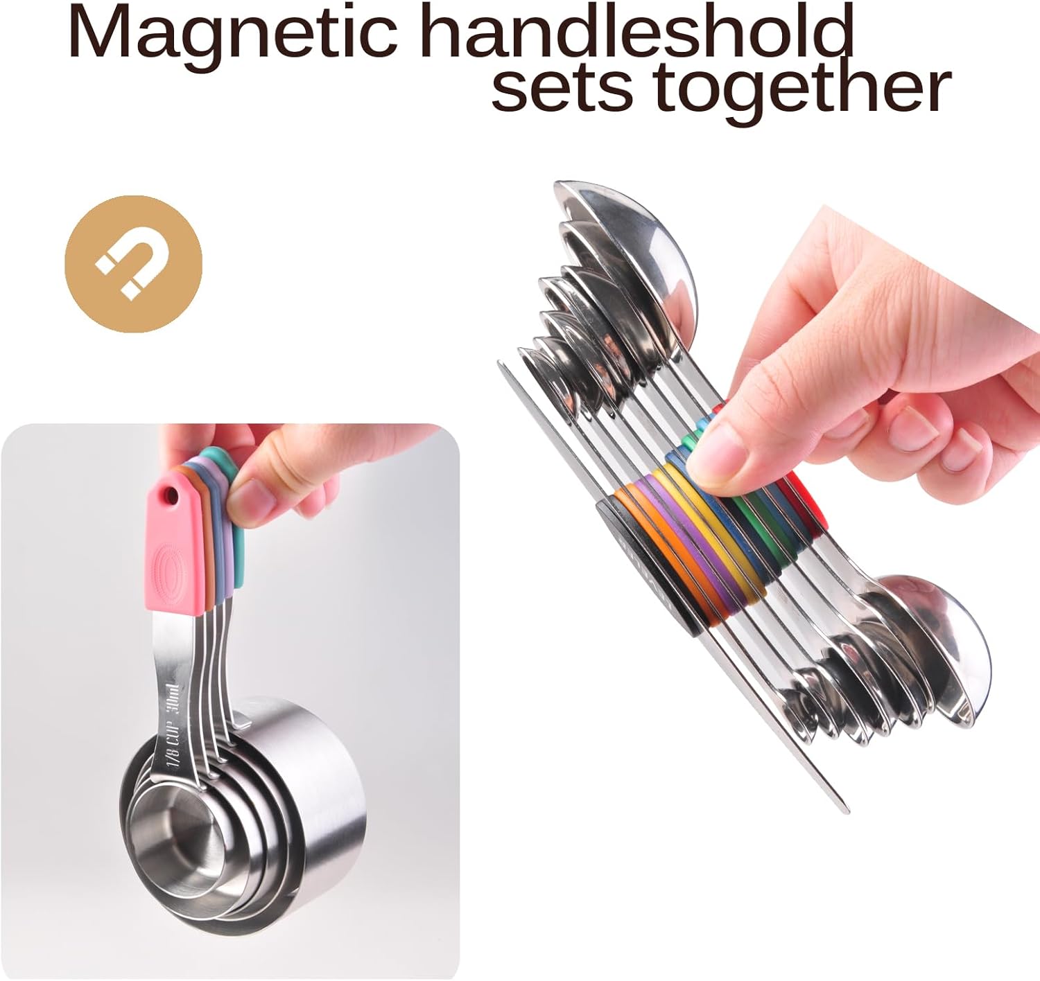 13-Piece All-Magnetic Measuring Cups and Spoons Set, 430 Stainless Steel Metal Measuring Cup and Spoon Set with Silicone Handles & Leveler for Baking Cooking (Multi-color)