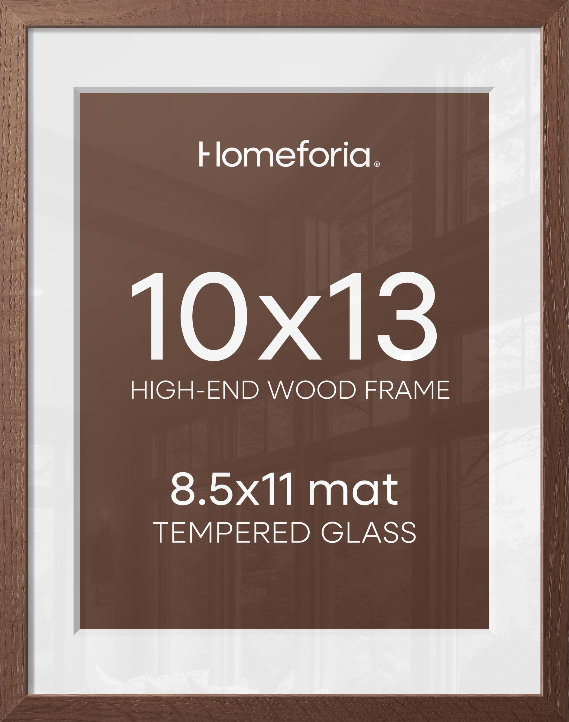 Homeforia 10x13 Brown Oak Picture Frame, High-End Wood, 8.5x11 Mat, Glass | High End Solid Oak Wood, Tempered Glass, Acid-Free 8.5x11 Removable Mat, 10x13 Edge-to-Edge Display 13x10, Wall Kit, Set Of 1