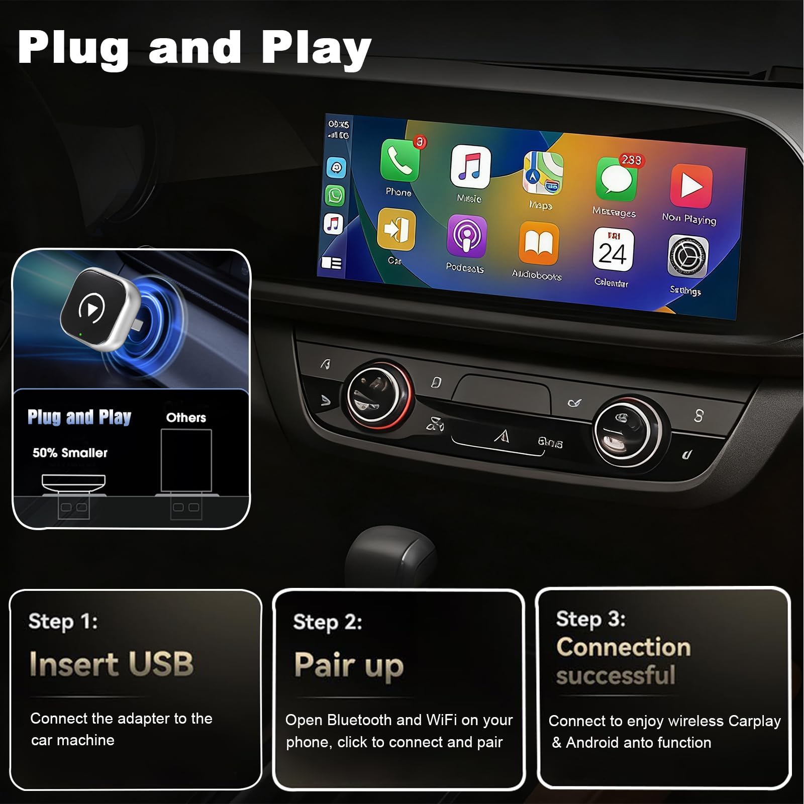 2 en 1 Adaptador CarPlay Inalámbrico, CarPlay Cableado a Inalámbrico, para Coches con CarPlay/Android Auto, para iPhone iOS 10+ & Android 11+, Compacto y Estable Bluetooth Car Play Wireless Adapter — view 5