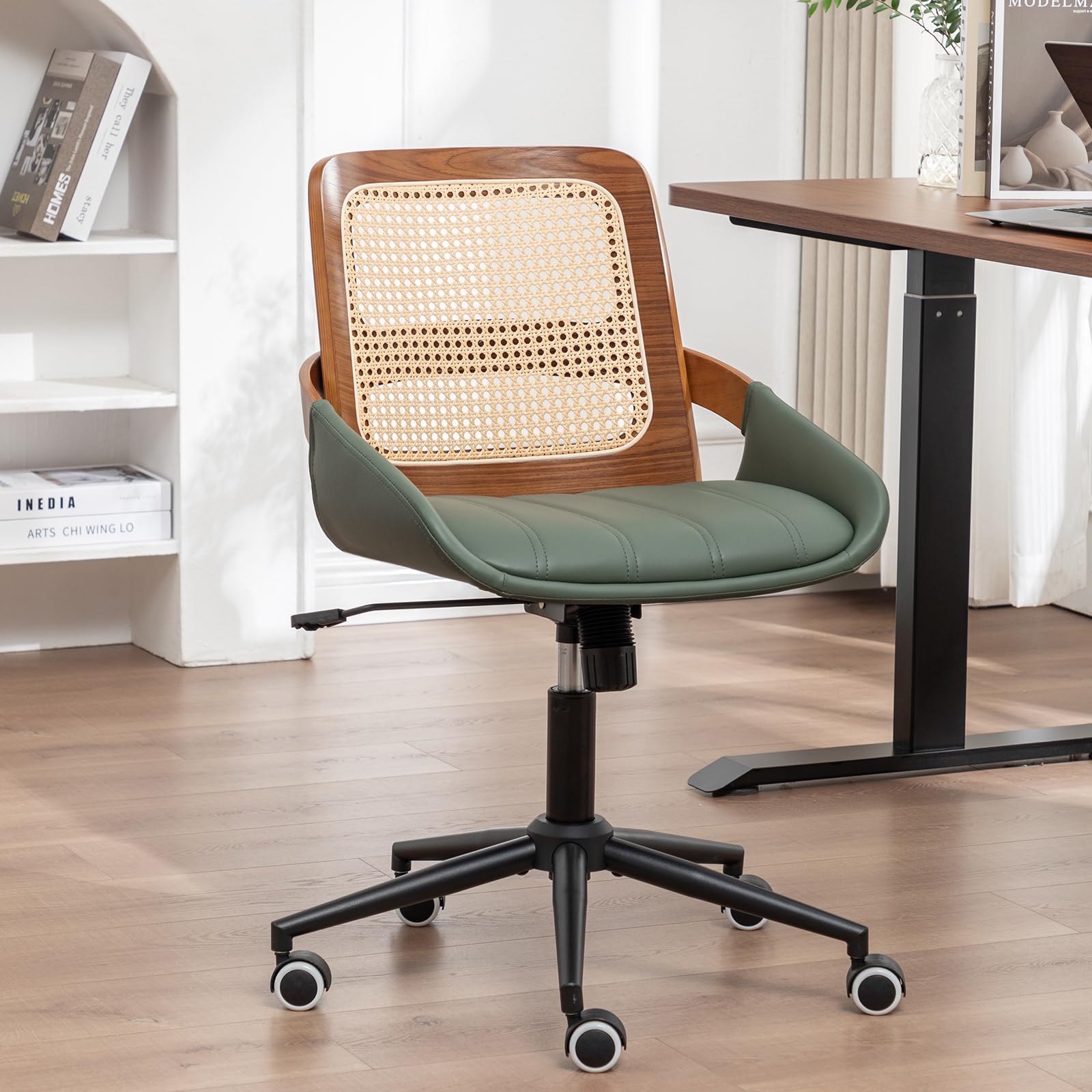 Home Office Desk Chair with Ergonomic Rattan Backrest Walnut Crafts Curved Arms Faux Leather Caster Wheels Height Adjustable