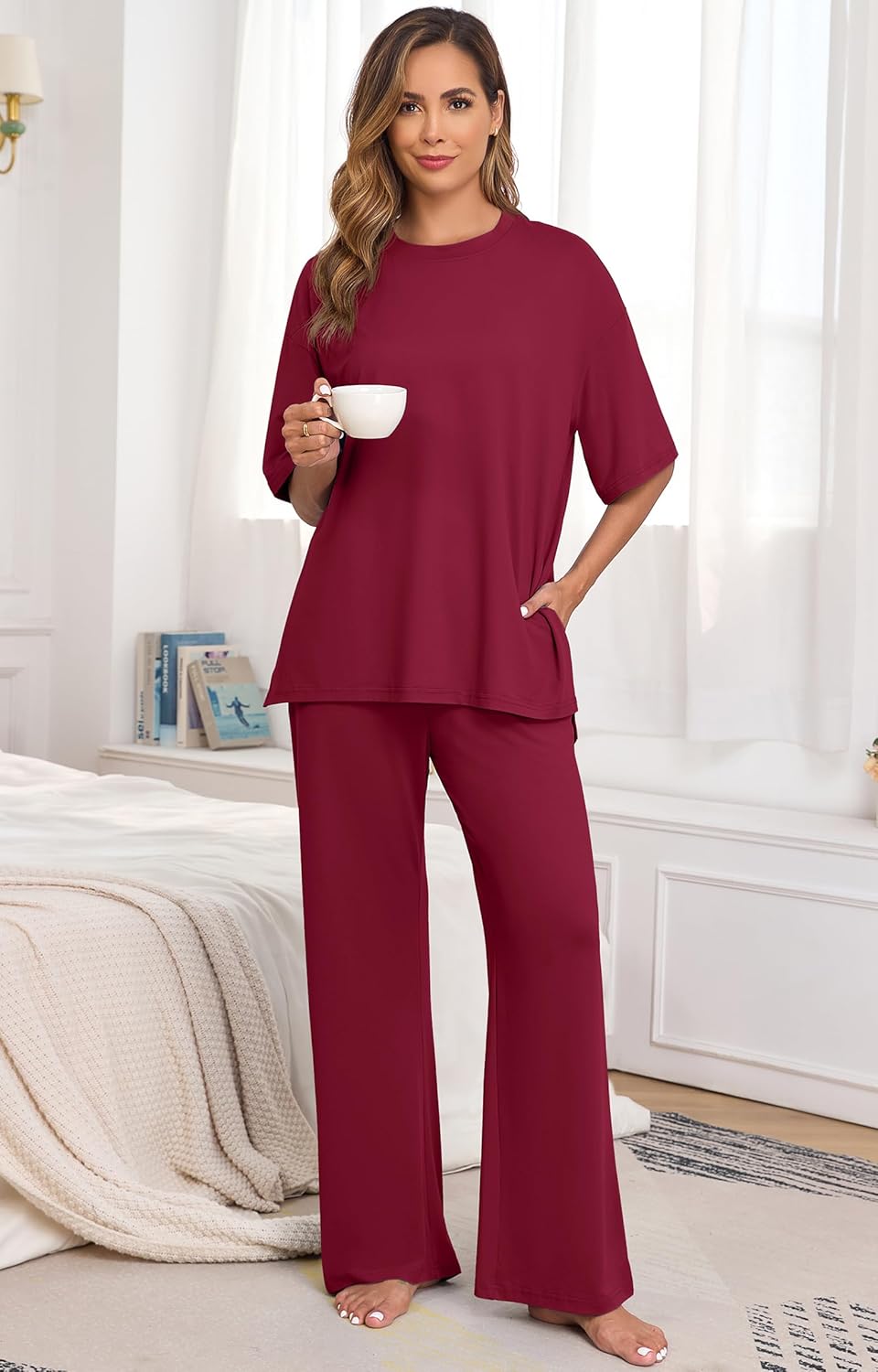 PrinStory Womens Pajamas Sets 2 Piece Lounge Set Short Sleeve Tops and Long Pants Soft Pjs Loungewear with Pockets - Image 5