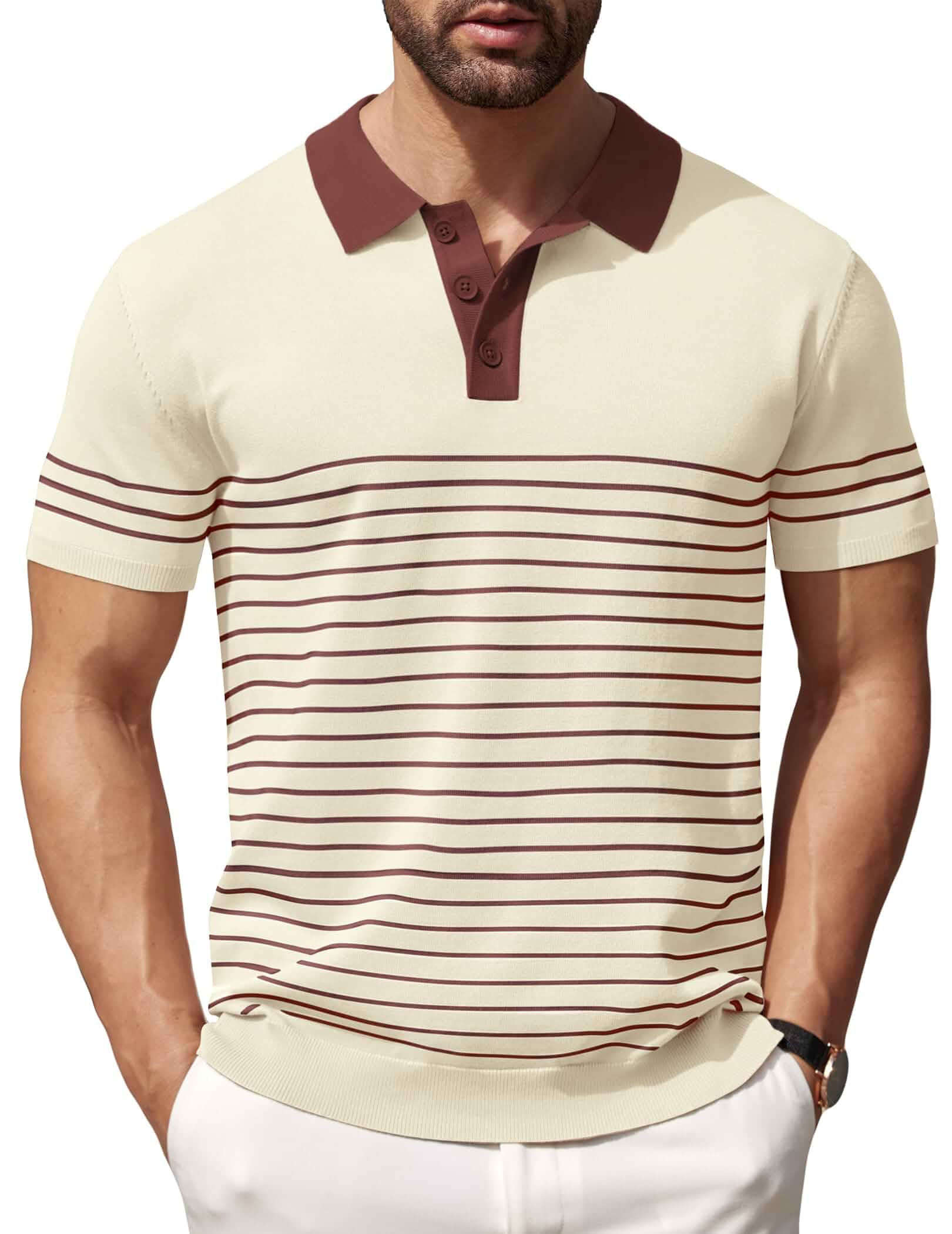 COOFANDY Men's Short Sleeve Polo Shirts Vintage Knitted Shirt Casual Button Down Golf Shirts Short Sleeve