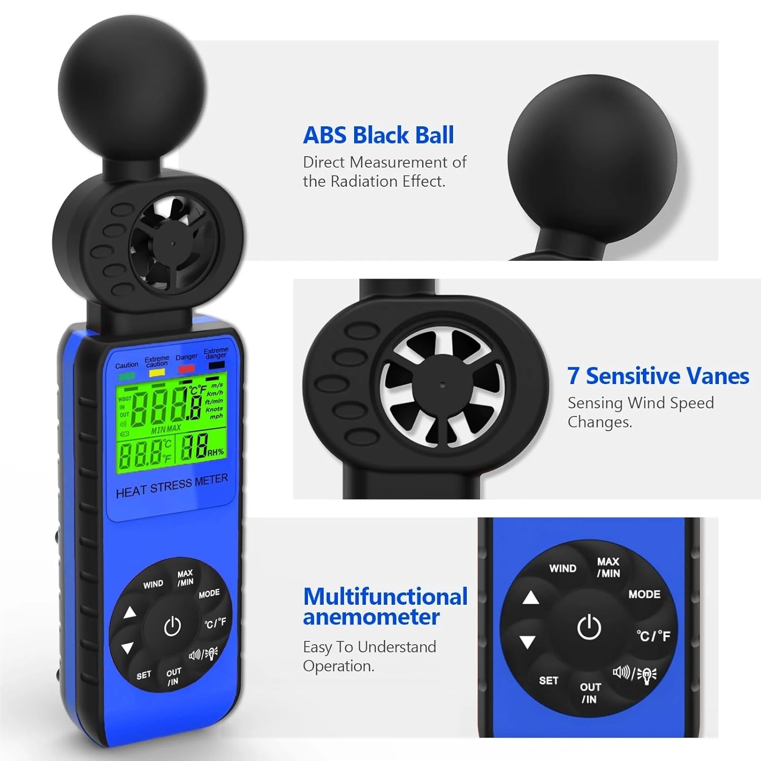 Handheld Wind Speed Meter, HP-881W with Temperature, Humidity, WBGT Alarm Measuring Range 0～30m/s for Drone Flying & Sailing(Orange)