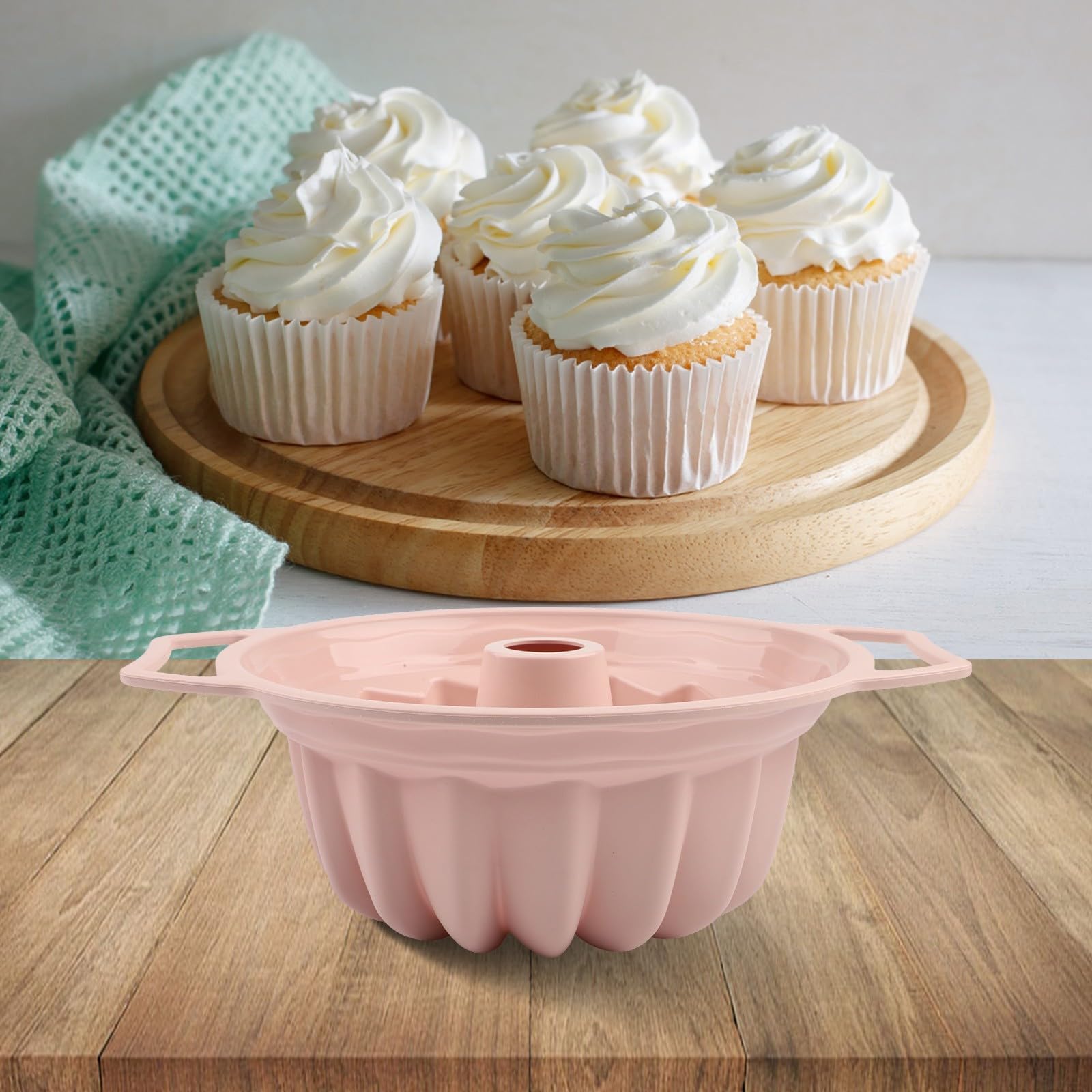 Moule à gâteau cannelé en silicone avec poignée pour la cuisson du pain et des desserts, résistant à la chaleur, passe au four et au micro-ondes, nettoyage facile (rose)