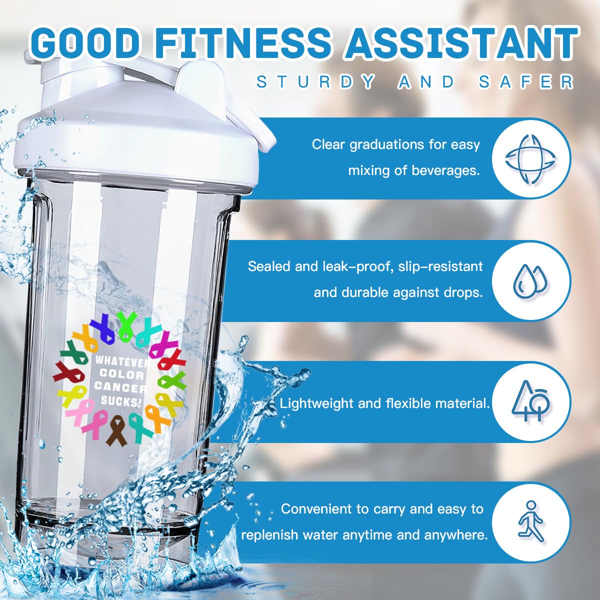 Whatever Color Cancer Sucks 18 Ounce Shaker Bottle Drink Mixer Leak-proof Pre Workout Protein Shakes Meal Replacement Shakes Bottles 500ML/18 Oz White&-1-1