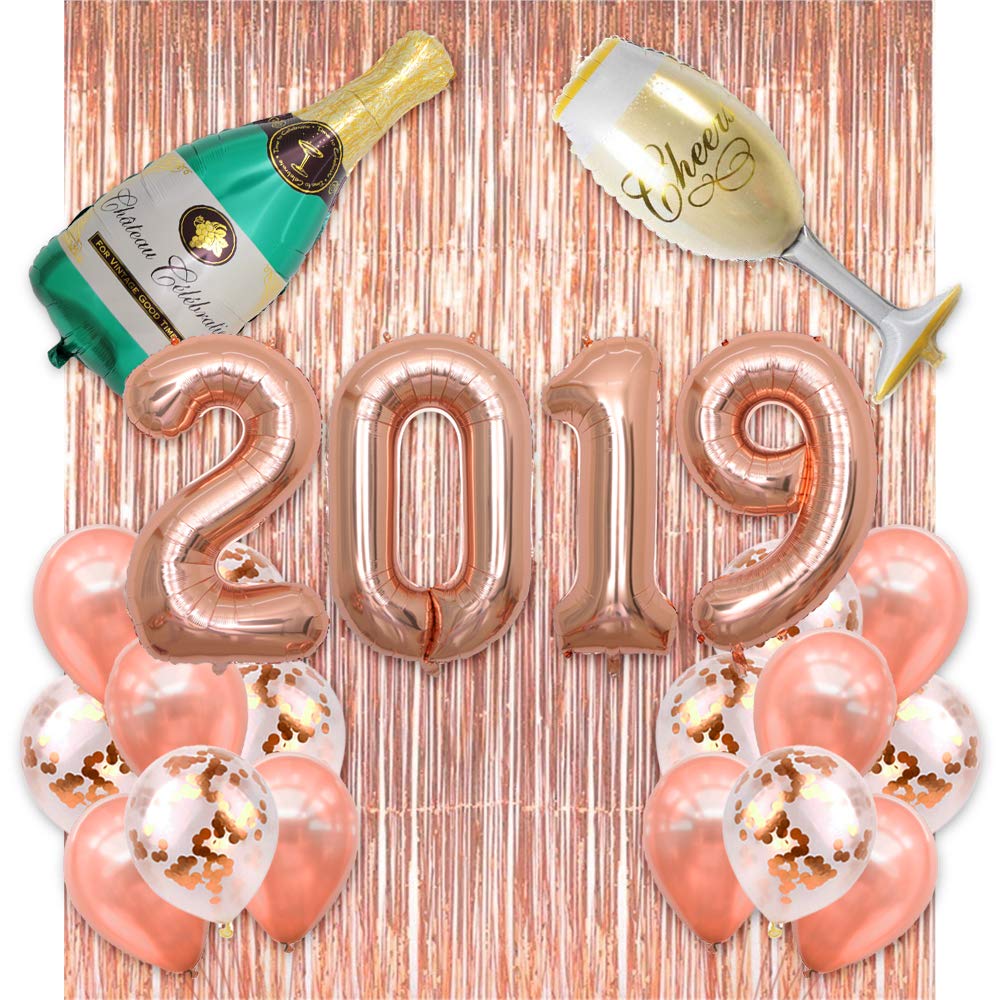 BALONAR 40 inch Jumbo Rose Gold 2019 Number Balloons with Backdrop Rose Gold Fringe Curtains Confetti Balloons Champagne Bottle and Flute Decoration for Graduation New Year Supplies (with Curtain)