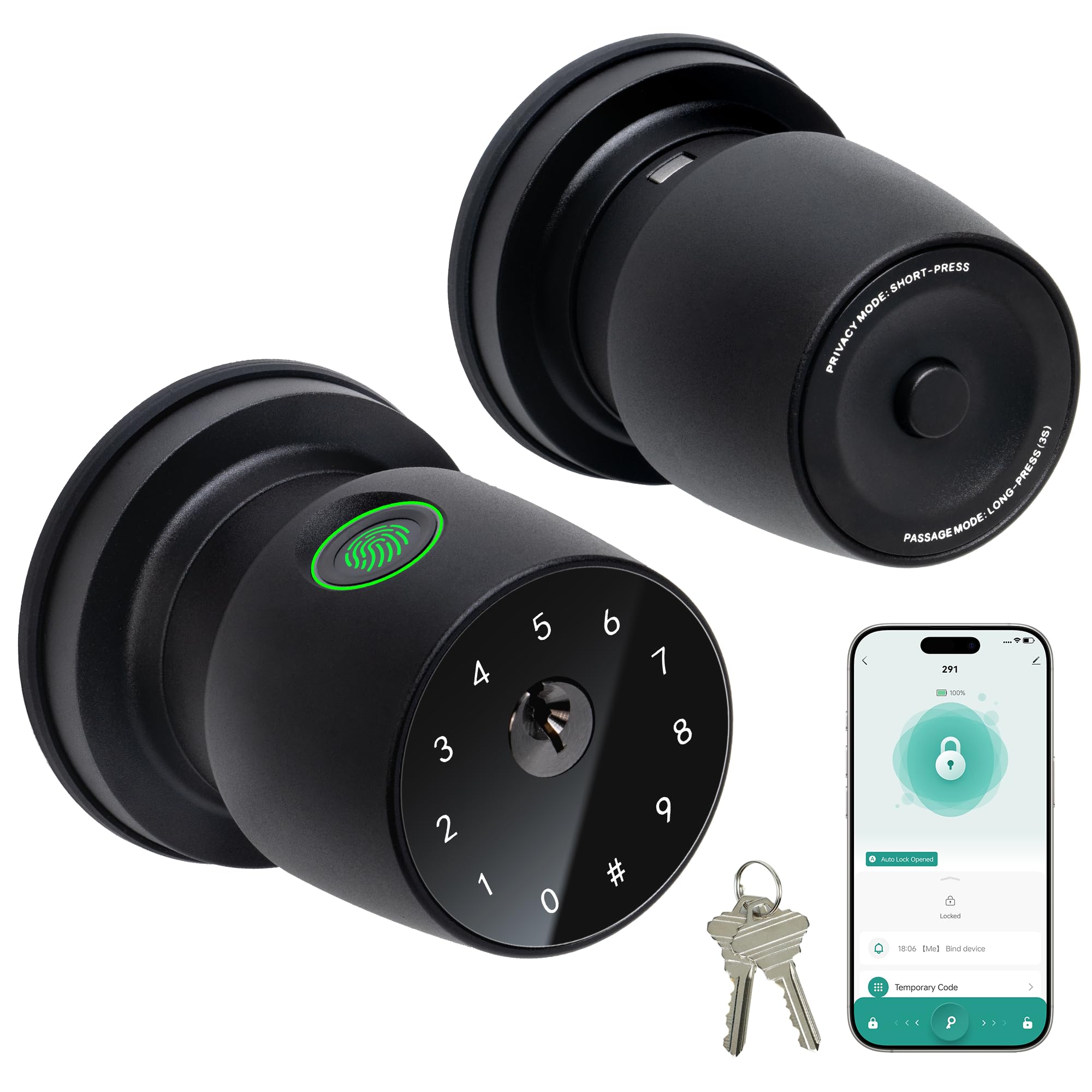 Smart Fingerprint Door Knob - Keypad & App Control -1
