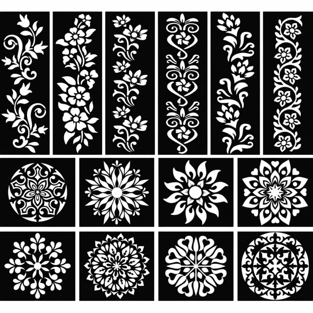 Mehndi Stencil Kit (14 Pieces) for Hands | Henna Tattoo Templates | Reusable Mehendi Design Stickers for Women & Girls | Floral & Mandala Patterns | DIY Mehndi for Wedding, Eid, Diwali, Rakhi P-04 Floral and Mandala Designs, 1000+ Design Options-image-0