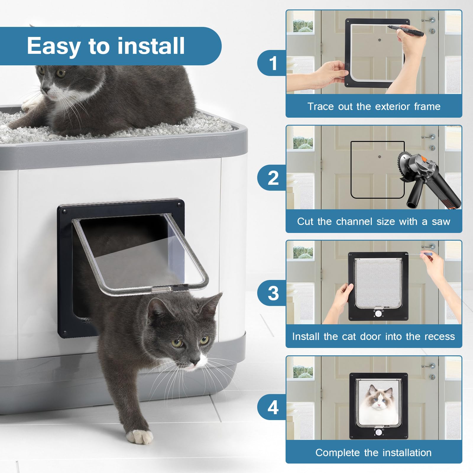 Roxanex Puerta grande para gatos, solapa grande de 19,5 cm x 18 cm, fácil de instalar, bloqueo de 4 vías con imán, puerta de seguridad para mascotas, solapa para gatos resistente a la intemperie para