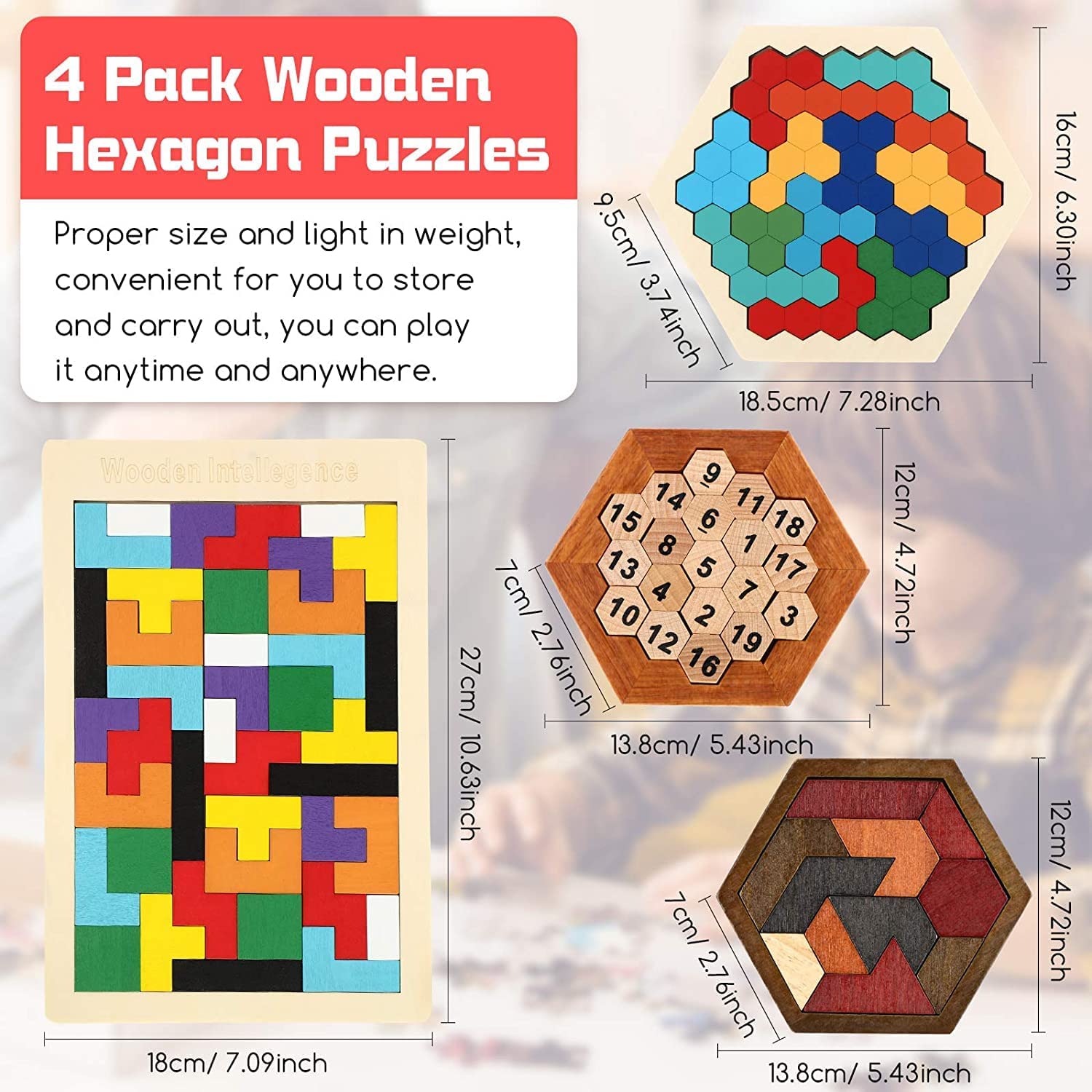4 Pieces Wooden Hexagon Puzzle,Wooden Tangram Block Puzzle Brain