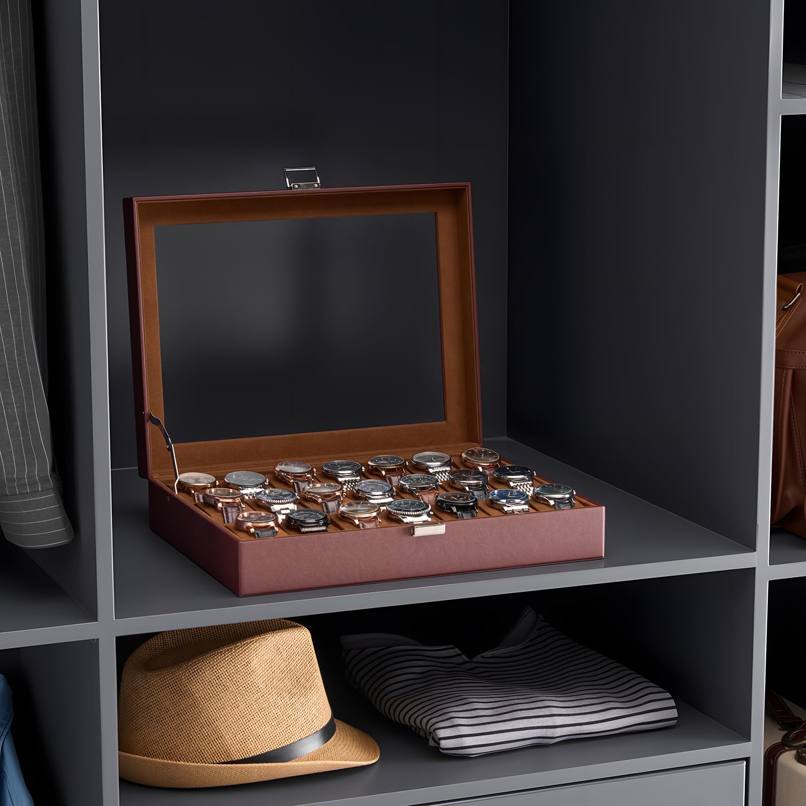 ProCase Boîte à Montres 21 Slots, Coffret Rangement Montres Grande Capacité, Couvercle Transparent Anti-Poussière, Protection et Présentation Élégante -Marron